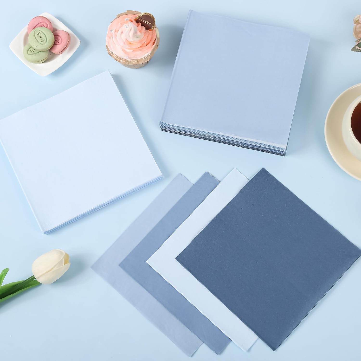 100Pcs Dusty Blue Party Napkins Gradient Blue Disposable Paper Napkins 4 Colors 6.5" Luncheon Cocktail Napkin for Fathers Day Birthday Wedding Baby Shower Party Supplies