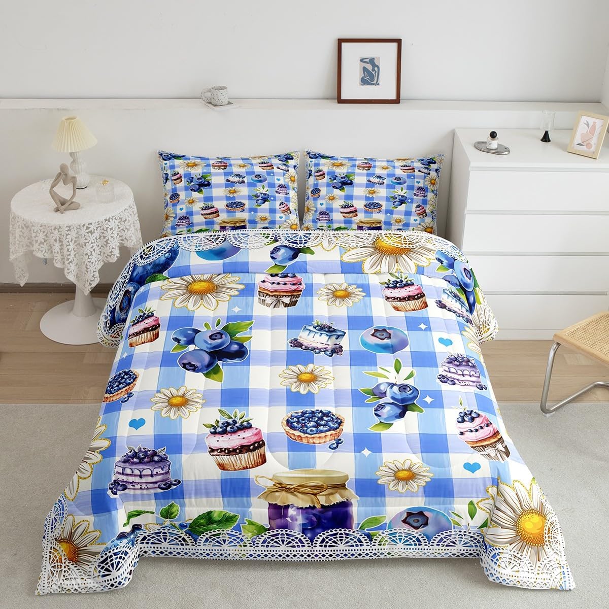 Blueberry Queen Size Comforter Sets for Kids Girls,Watercolor Blueberry Cupcake Pie Bedding Sets Women Bedroom Decor,White Daisy Flowers 3 Pieces Quilt Set,Girls Princess Style Duvet Insert