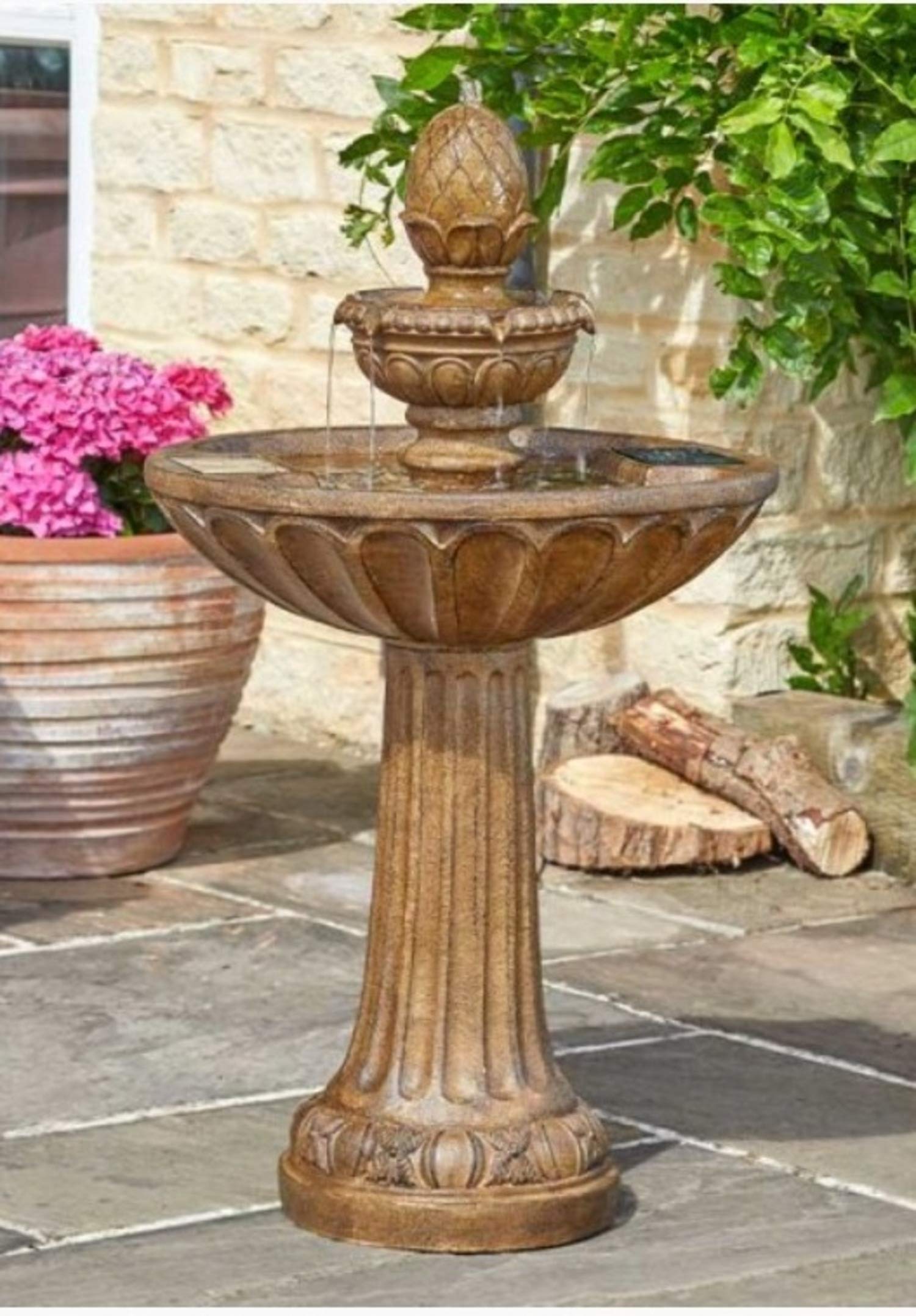 Garden Mile Solar Fountain Cascade Water Feature Traditional Stone Effect Ornamental Fountain Bird Bath Garden Patio Energy Efficient Resin 3 Tier Water Feature