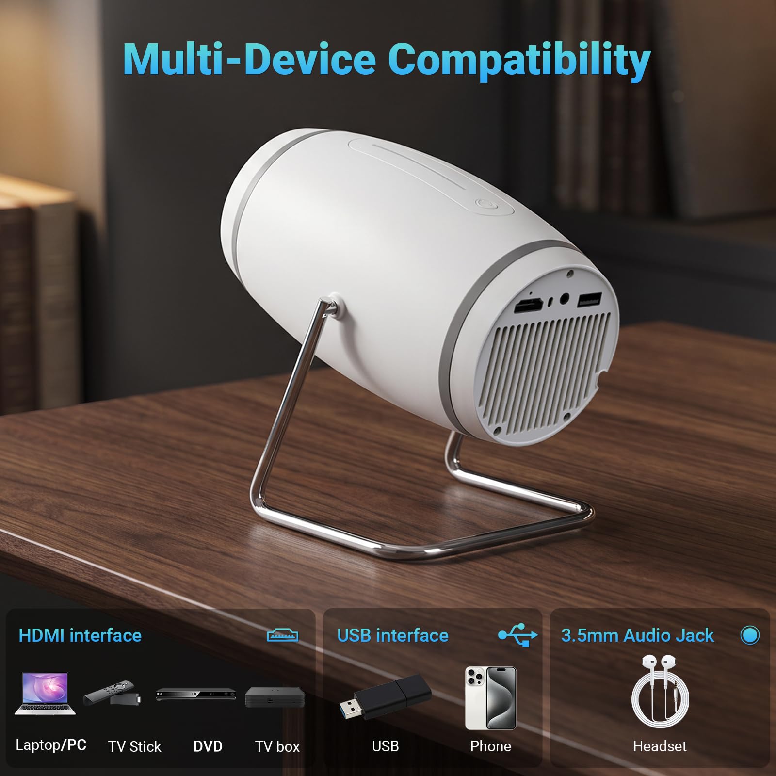 【Built-in APPS】Mini Projector With Wifi And Bluetooth, 1080P 4K Support Portable Projector, Movie Projector for Bedroom, Compatible with Smartphones/TV Stick/iPad/PS5/Laptop/HDMI/USB view 8