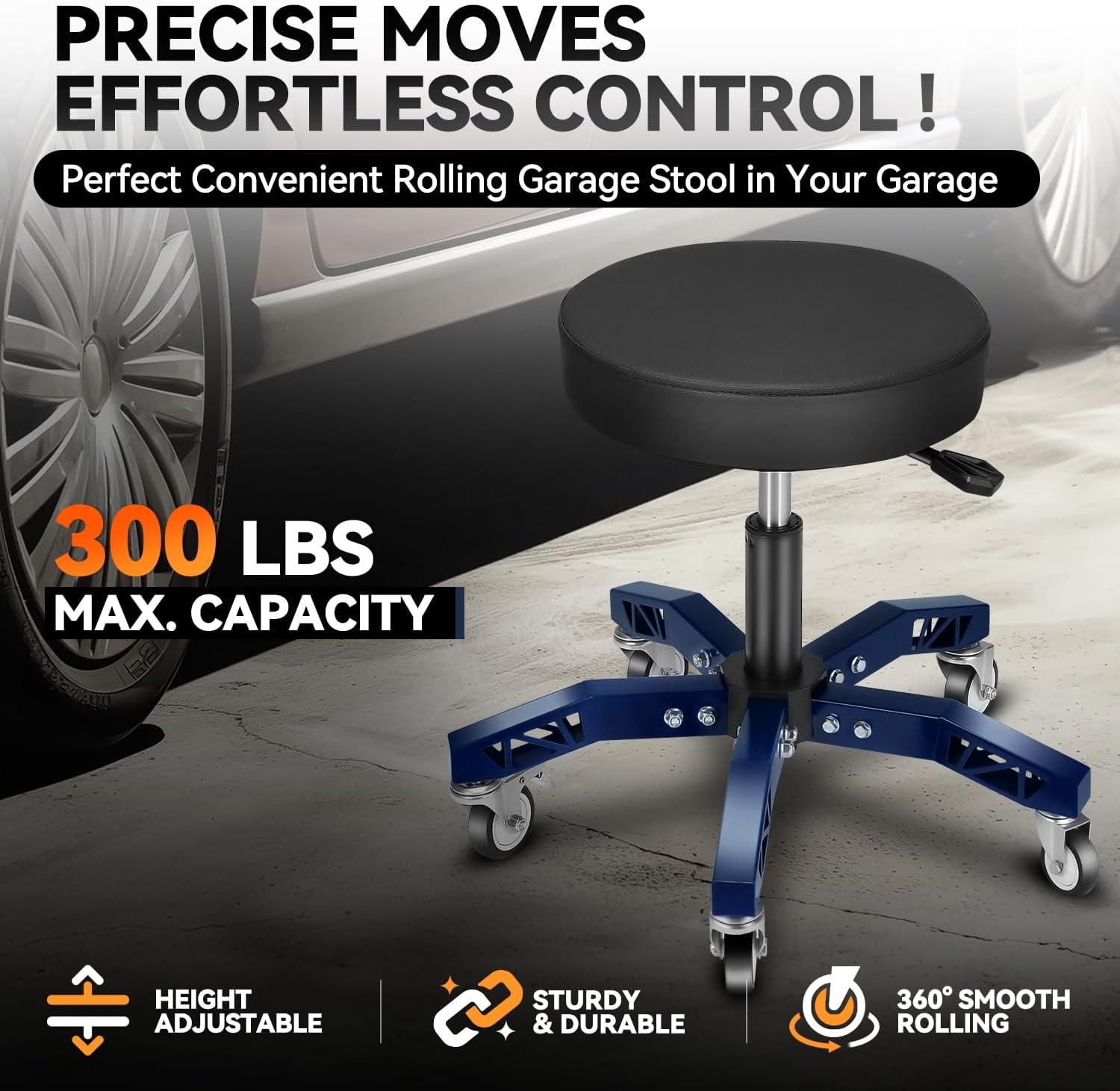 Auto Dynasty Rolling Mechanic Stool, Height Adjustable Heavy Duty Roller Creeper Garage Shop Seat with Padded Seat for Workshop Auto Repair, 300 LBS Capacity, Blue