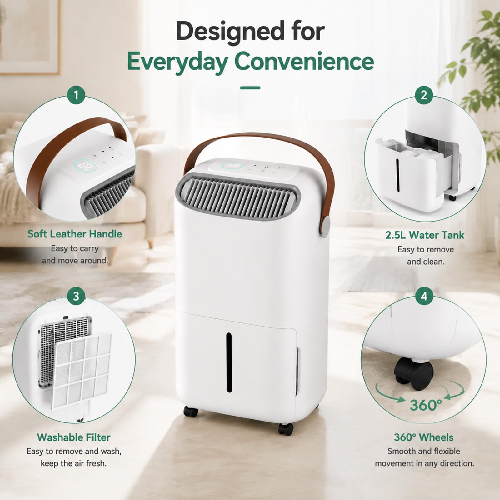 Deshumidificador de 12 L/día, para sótanos, hogares y baños | Control inteligente de humedad, panel de control táctil, temporizador de 24 horas, ruedas universales de 360° y asa