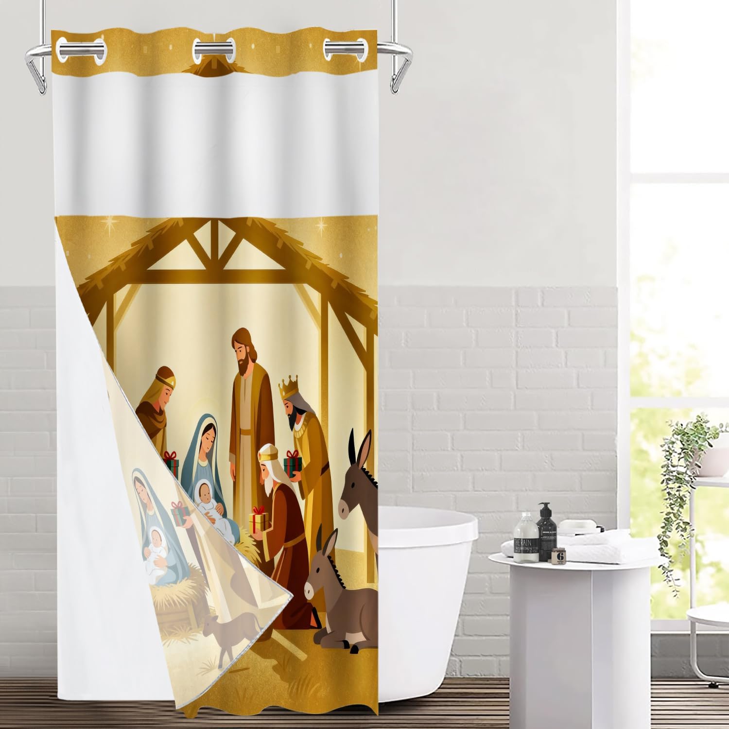 Colorful Christianity Wise Men No Hooks Shower Curtain with Snap in Liner Set, Dark Blue Light Rustic Christmas Polyester Shower Curtain for Stall Bathroom Waterproof 35.5X74 Inch