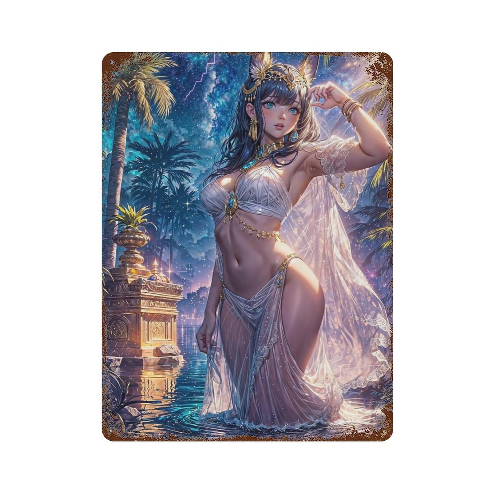Rust Effect Egyptian Goddess in Moonlight Decorative Tin Sign 15.7"x11.8", Classic Wall Plaque for Pub, Kitchen And Man Cave Decor