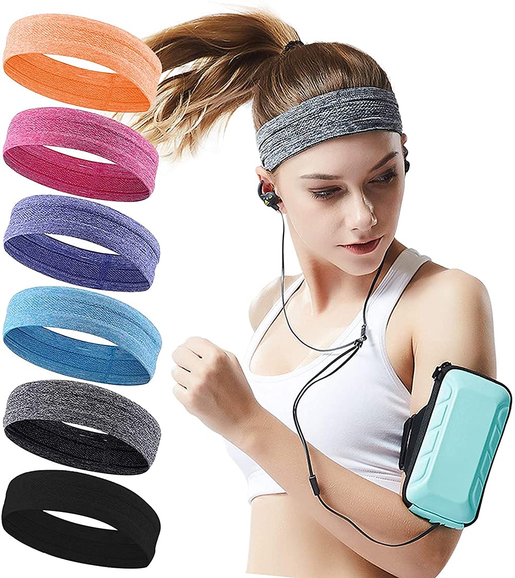 Moisture Sweat Sports Workout Headbands Wicking Hairband Non Slip Athletic Exercise Sweatbands Cool Sport Hair Bands for Running Stretchy and Quickly Dry Yoga Sweat Band for Women Men(6 Pack)