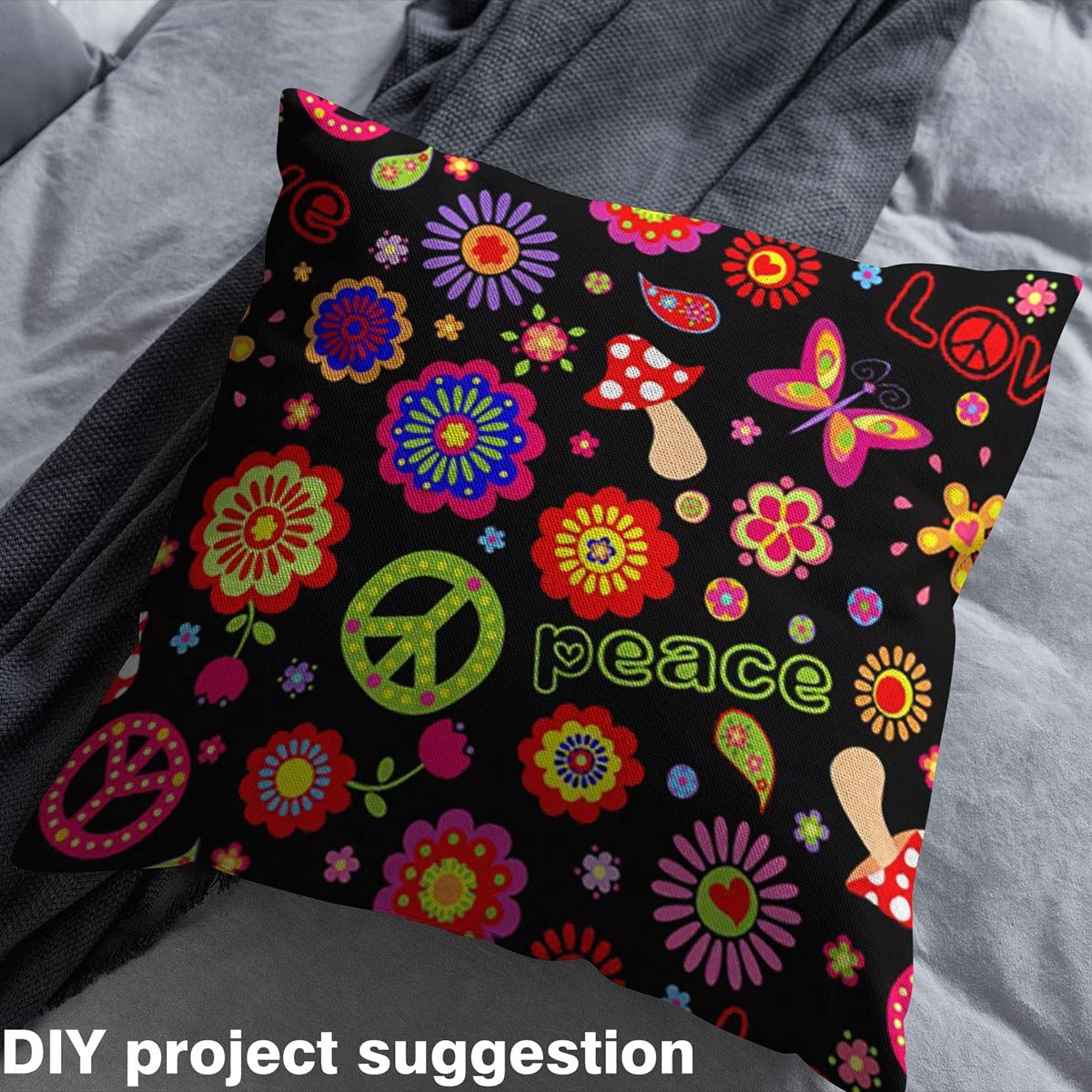 Tessuto per tappezzeria hippie Peace Art, stampa floreale con margherite e funghi, decorazione con farfalle, progetti fai da te per la casa, 184 x 150 cm, per sedie e artigianato