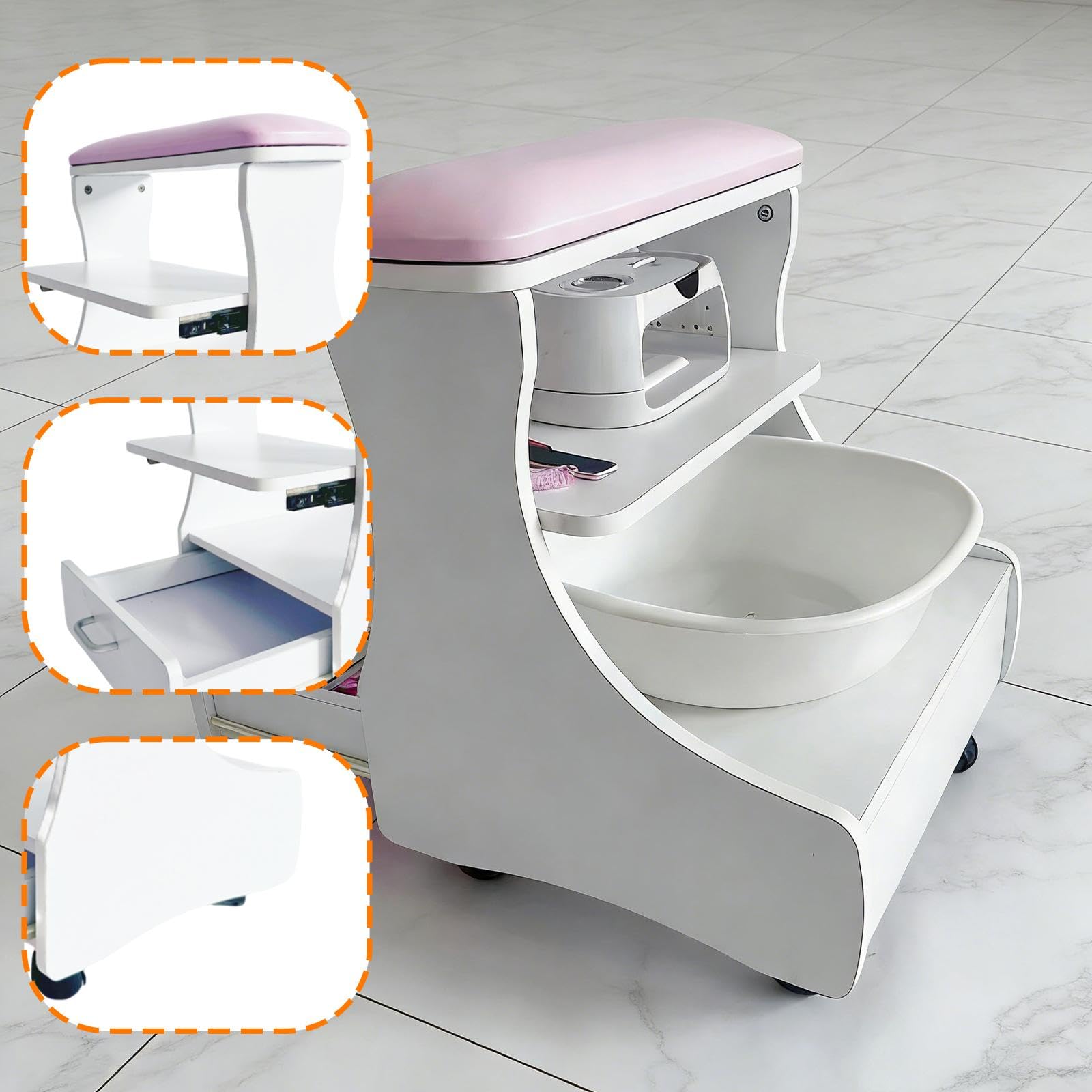 Pedicura Soporte Pedicura Pedicura Pie Pedicura Pie Pedicura Estación Manicura Soporte Móvil Ergonómico con Cajón para Utensilios Adecuado Pa, Rosa