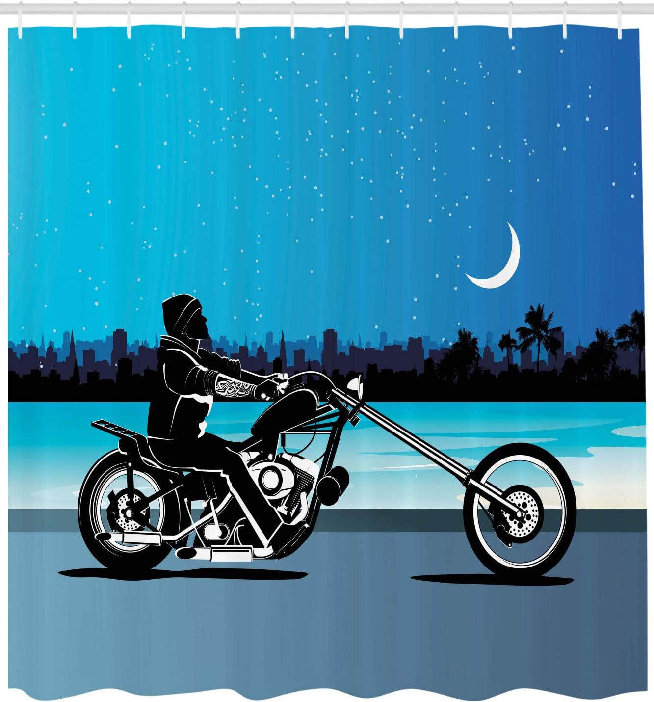 Ambesonne Motorcycle Shower Curtain, Art with Chopper Motorcycle Biker Riding Starry Night Sky Cityscape Silhouette, Cloth Fabric Bathroom Decor Set with Hooks, 69" W x 70" L, Black Navy