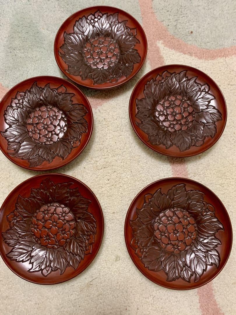 未使用品　鎌倉彫　アジサイ模様の茶托5枚　アンティーク　昭和 Amazon.co.jp: 品 鎌倉彫 アジサイ模様の茶托5枚 アンティーク 昭和