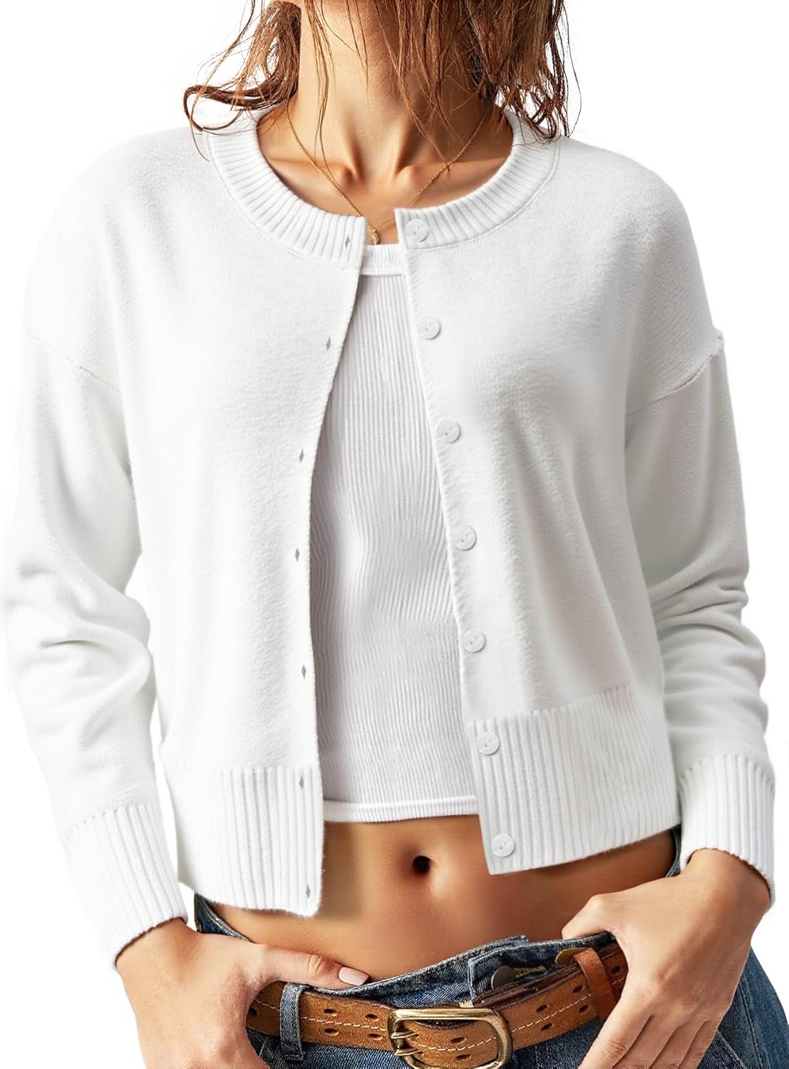 Women's Cropped Knit Cardigan Sweater – Button Down Long Sleeve Slim Fit Gray Fall Layering Top - Image 2