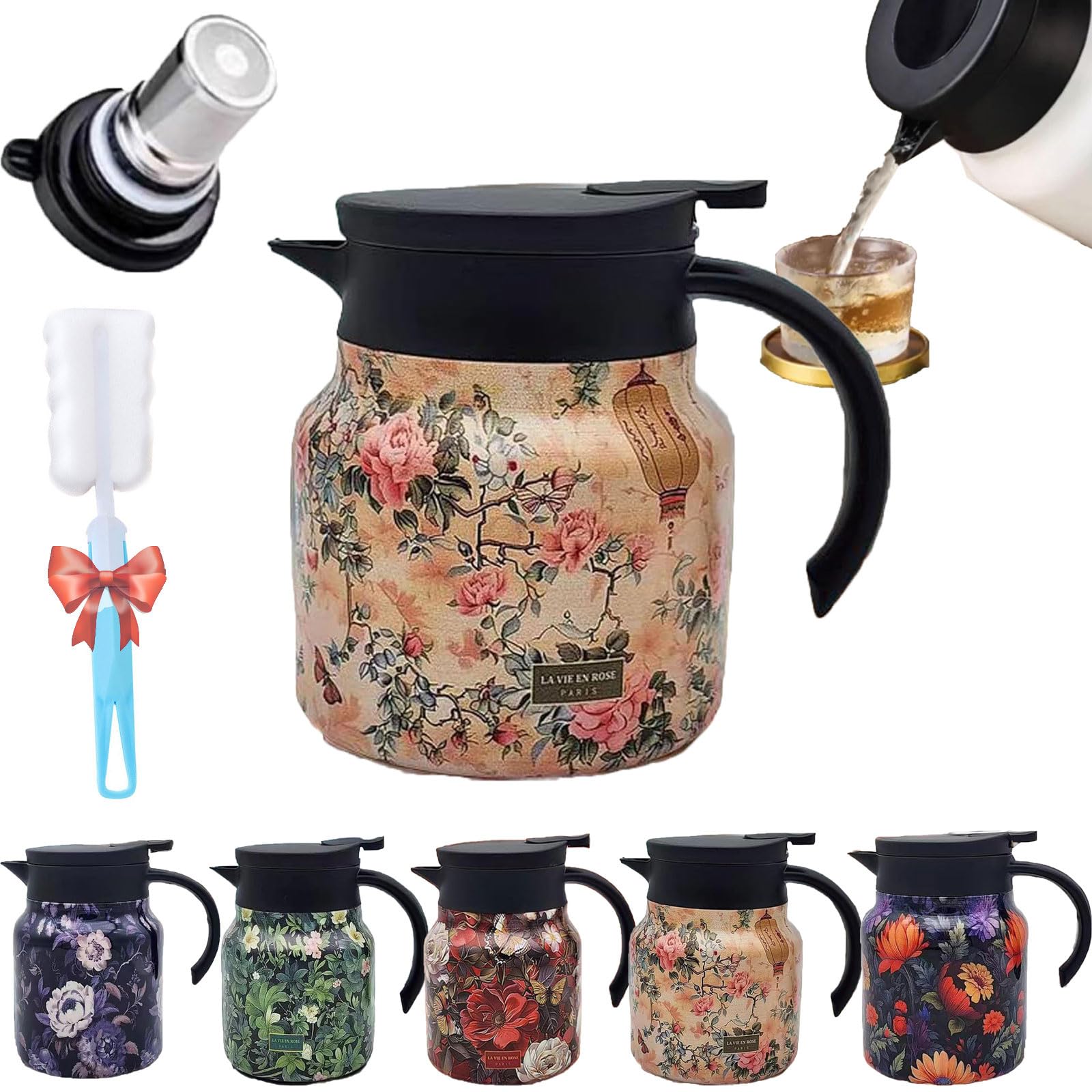 Vintage Floral Pattern Tea, Tea Infuser, Stainless Steel Thermal Carafe with Lid for Hot Drinks