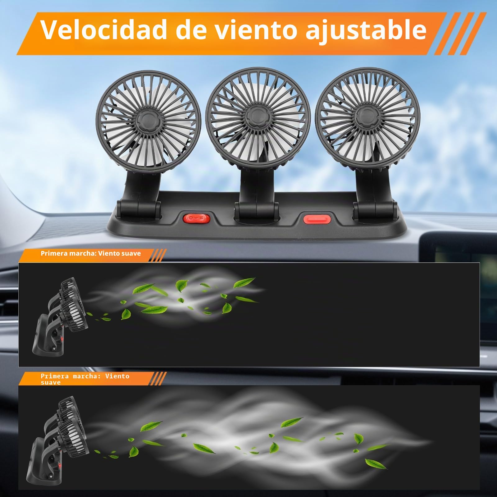 Riloer Ventilador de aire de refrigeración portátil para coche, 360 ° giratorio Circulador de Aire Eléctrico de Tres Cabezales, Ventilador USB con 2 Velocidades Ajustables para Vehículos SUVy Oficina