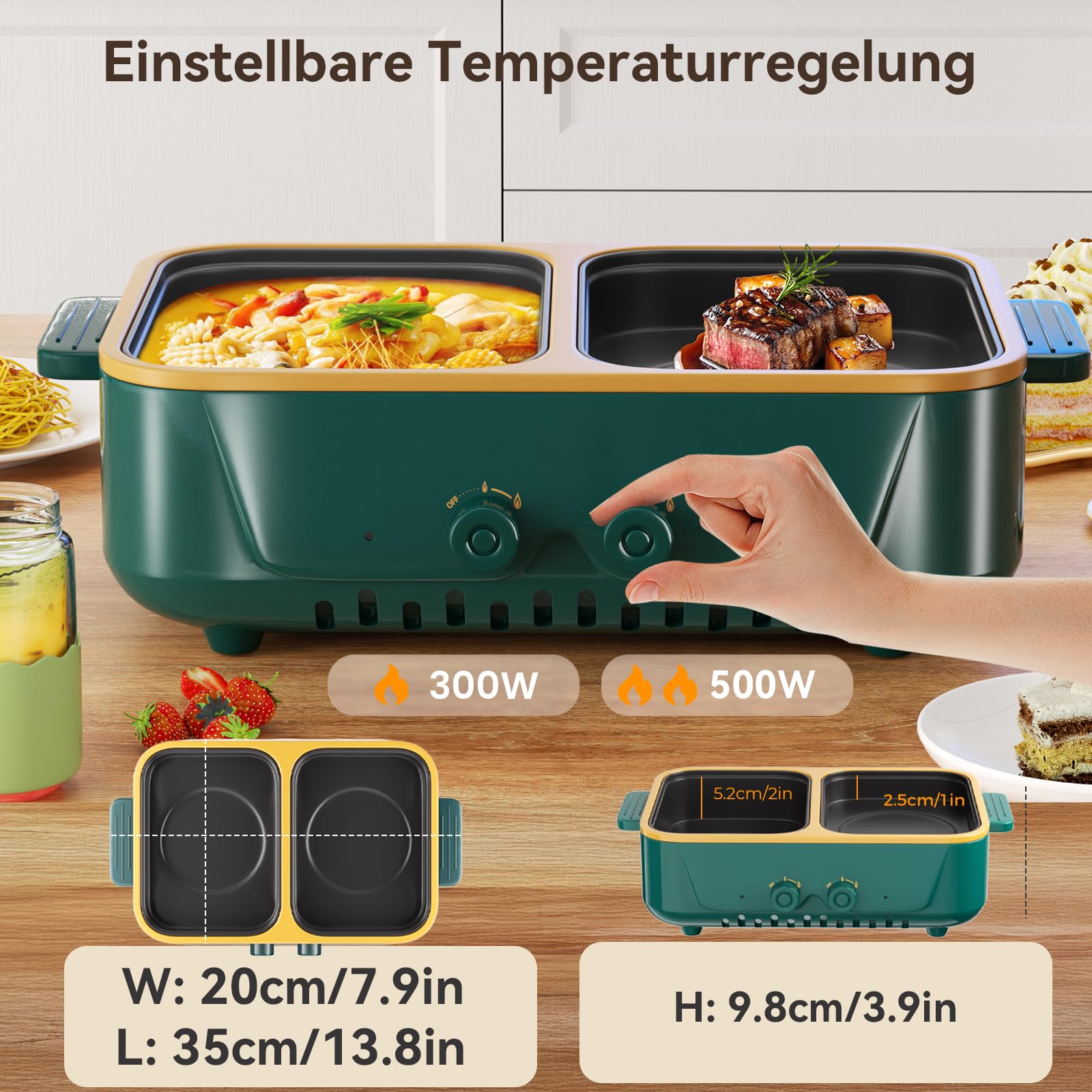 Combinazione di pentola elettrica e grill 2 in 1,1000W doppio controllo della temperatura, riscaldamento rapido - Elettrodomestico da cucina per interni per barbecue, noodles e altro (Verde K)