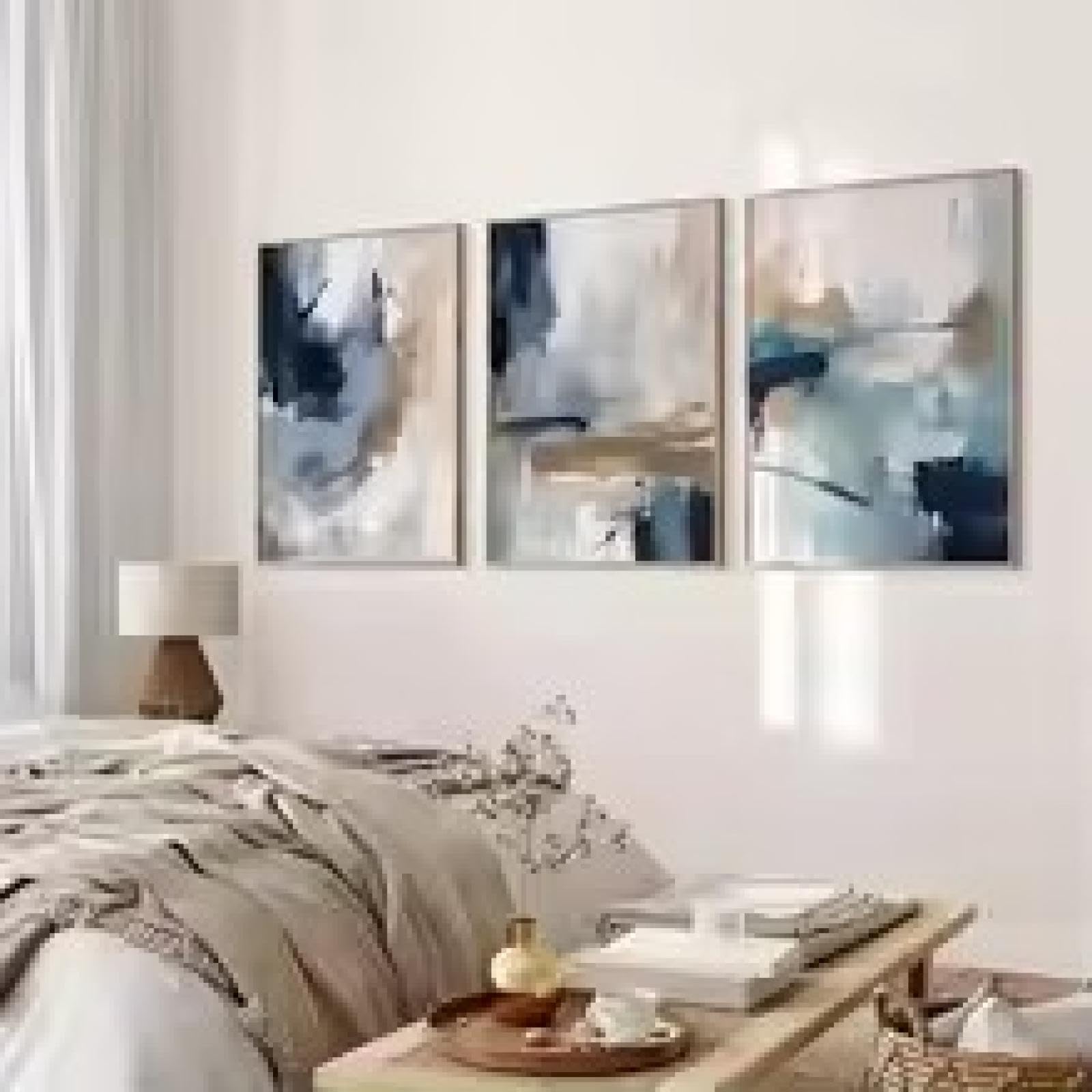 LIFKNVN Abstrakcyjna wielokolorowa farba sztuka ścienna, wydruk na płótnie plakat rumieniec na turkusowym pociągnięciach obraz do sypialni salonu dekoracja 70 x 90 cm x 3 bez ramki