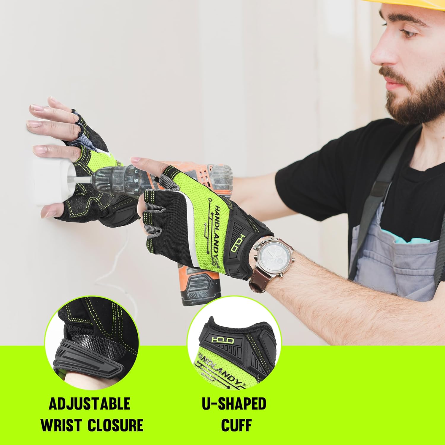 HANDLANDY Fingerless Work Gloves for Men Utility Padded Half Finger Driving Working Gloves (XXL, Green)