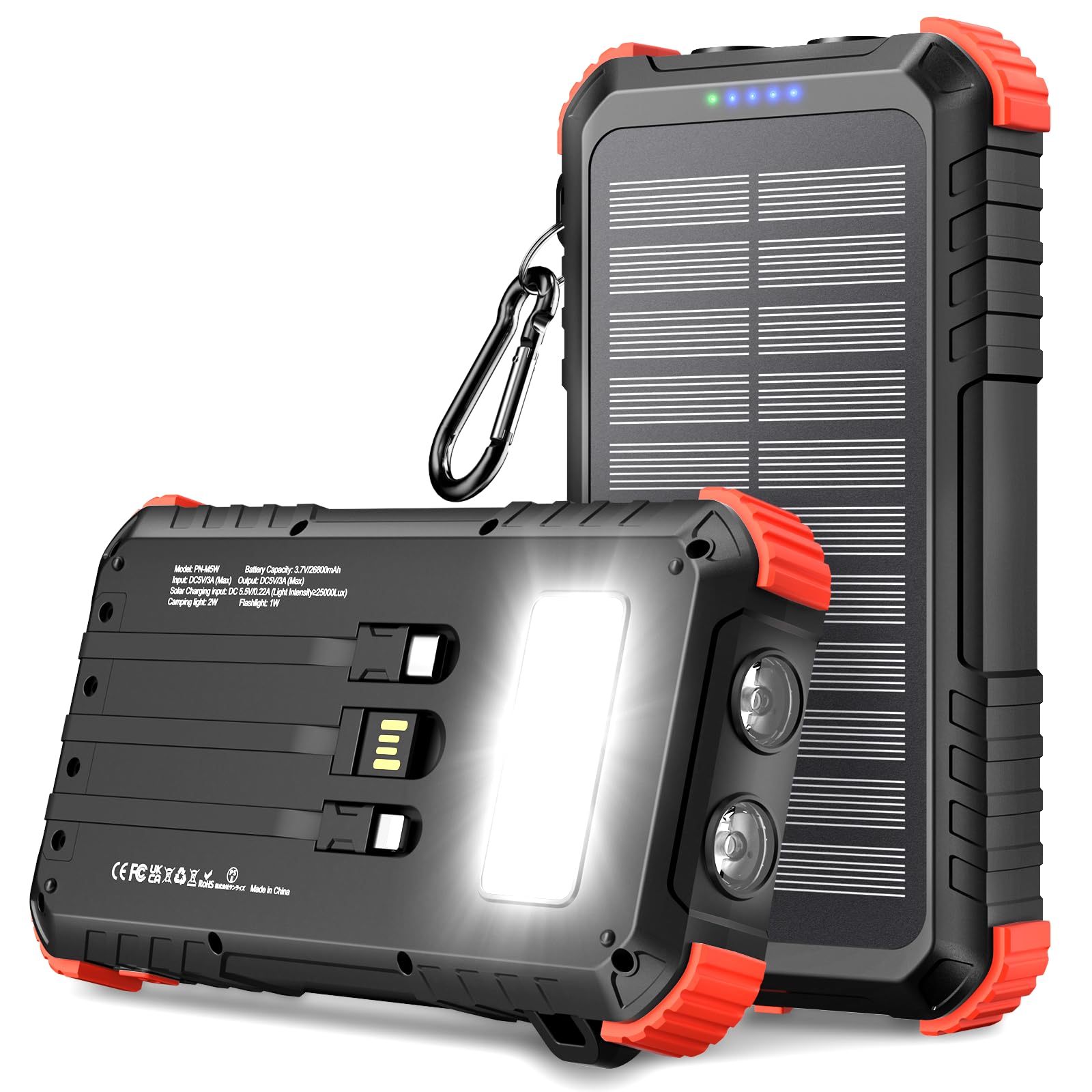 Power Bank Solare da 26800 mAh, Power Bank USB C PD15W con 3 cavi, 5 Uscite 3 Ingressi, Caricabatterie Solare Impermeabile con Due Torce e Moschettone per il Campeggio