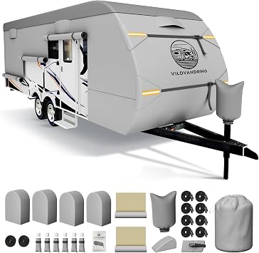Travel Trailer RV Cover 20-22ft, Multi-Layer Breathable Rip-Stop Camper Cover with Water-Resistant Coating, Repair Kit, Gutter Protection, Tire Straps