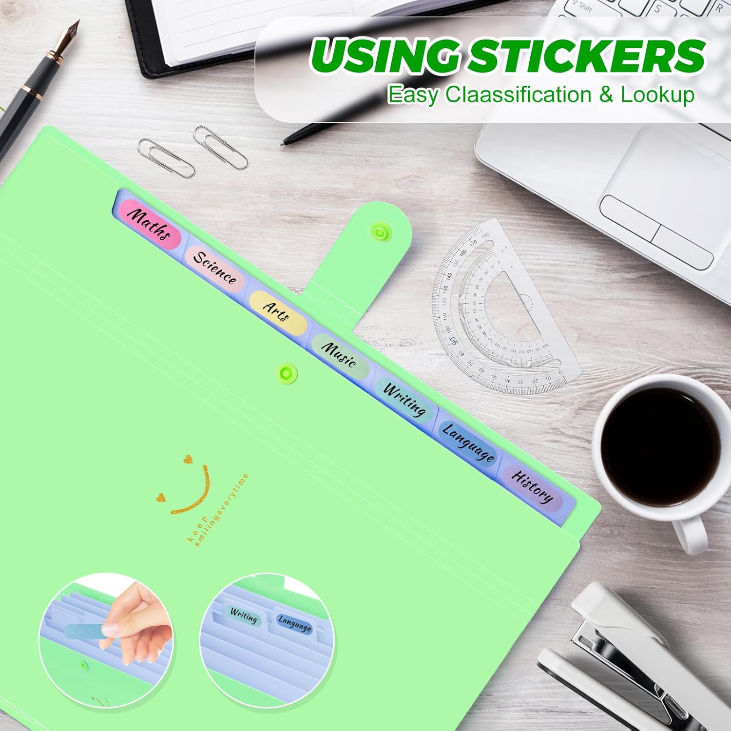 Expanding File Folder, 8 Pockets Accordion File Organizer, A4 Letter Size Paper Document Receipt Organizer Accordian Filing Folder for Classroom, Home, Office and Travel(Grass Green) thumbnail