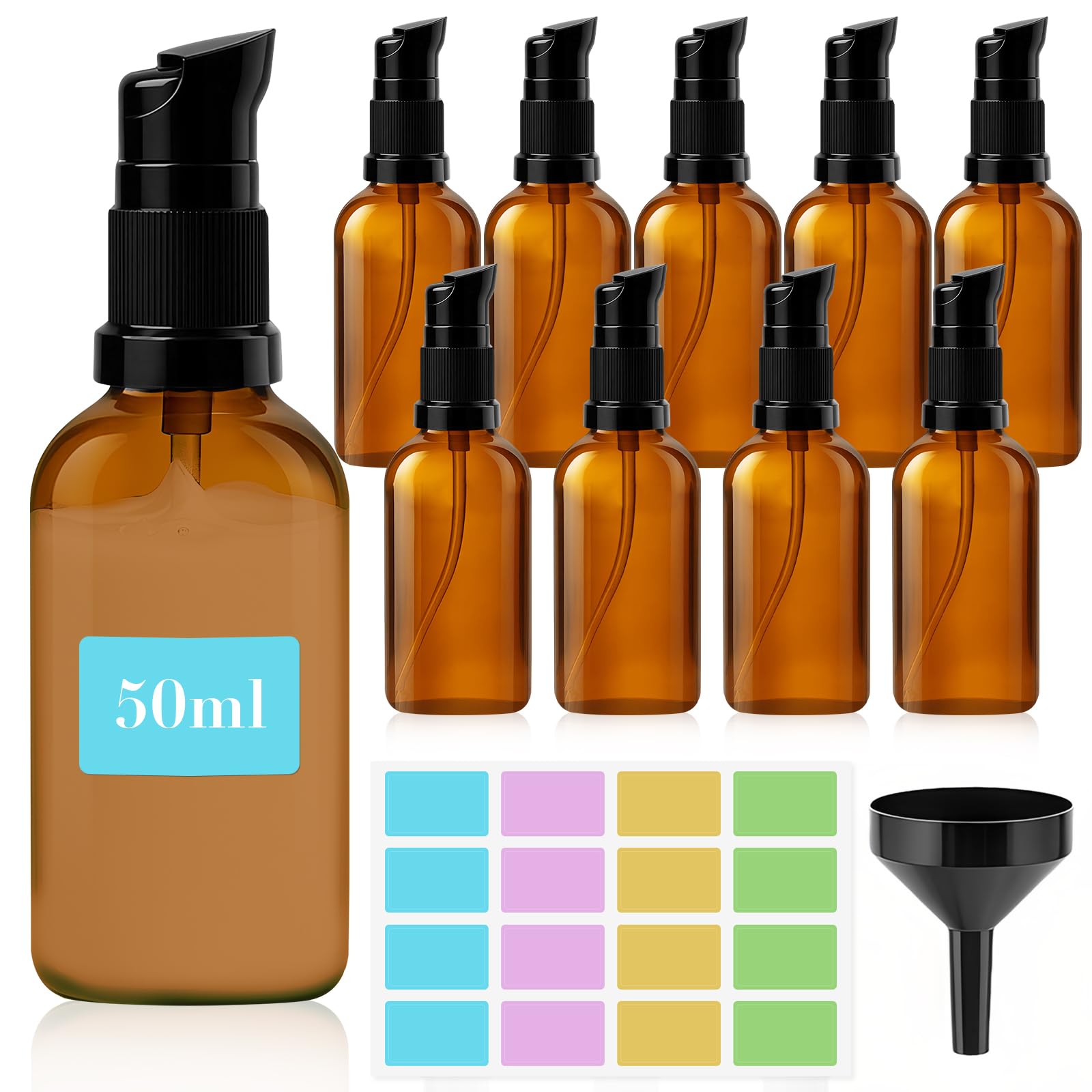 50 ml puste szklane butelki brązowe z naklejką lejka, 5 sztuk bursztynowych szklanych butelek z dozownikiem z pompką, dozownik balsamu, butelka z brązowego szkła, z pompką, do olejków