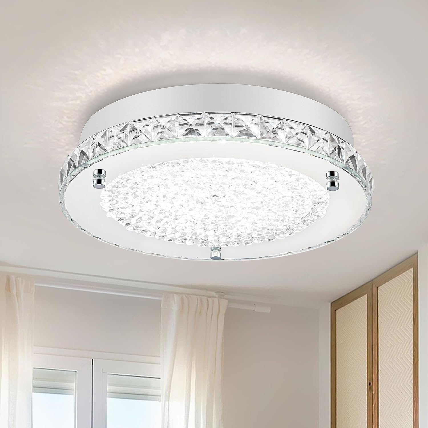 Crystal Ceiling Light Flush Mount Light Fixture Modern LED Ceiling Lamp for Foyer, Bedroom, Bathroom, Closet, Dimmable, 11 Inch, 18W