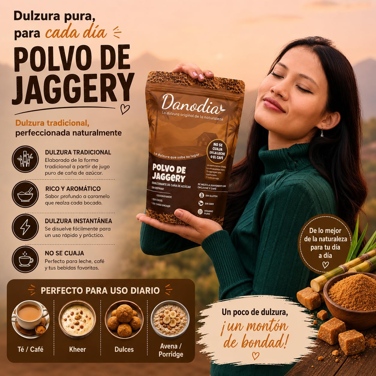Danodia Foods Jaggery en Polvo 950 g / 2 lb, Endulzante Tradicional en Bolsa Resellable, Especialmente Formulado para Leche, Té, Café, Postres y Cocina Diaria