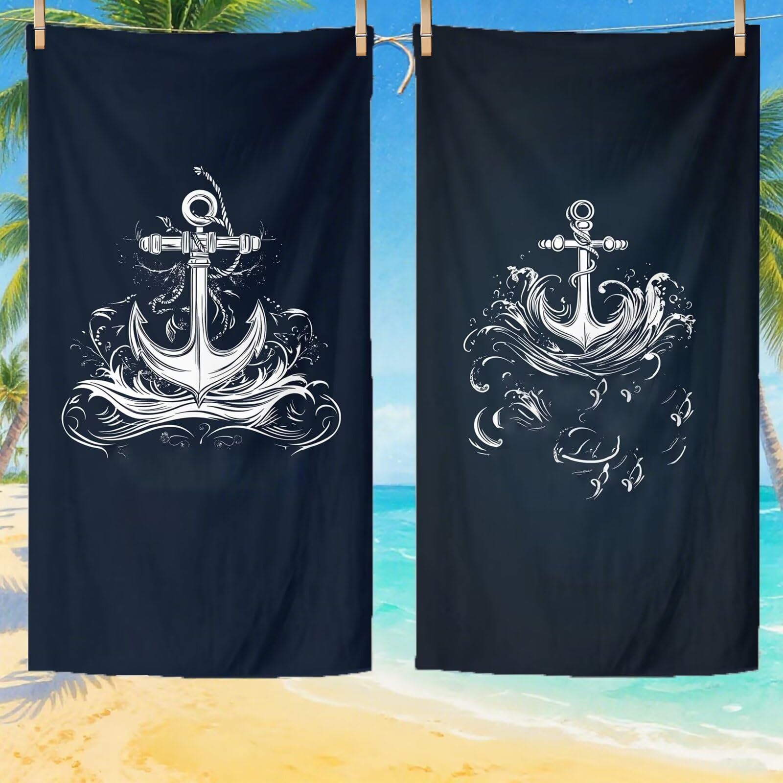 Telo Mare Microfibra, Telo Mare Grande 200x100 cm Set da 2, Antisabbia Asciugatura Rapida Assorbente Salvietta da Spiaggia Asciugamano per Palestra Piscina Viaggi Picnic, Regali Donna Ancorare Q-786