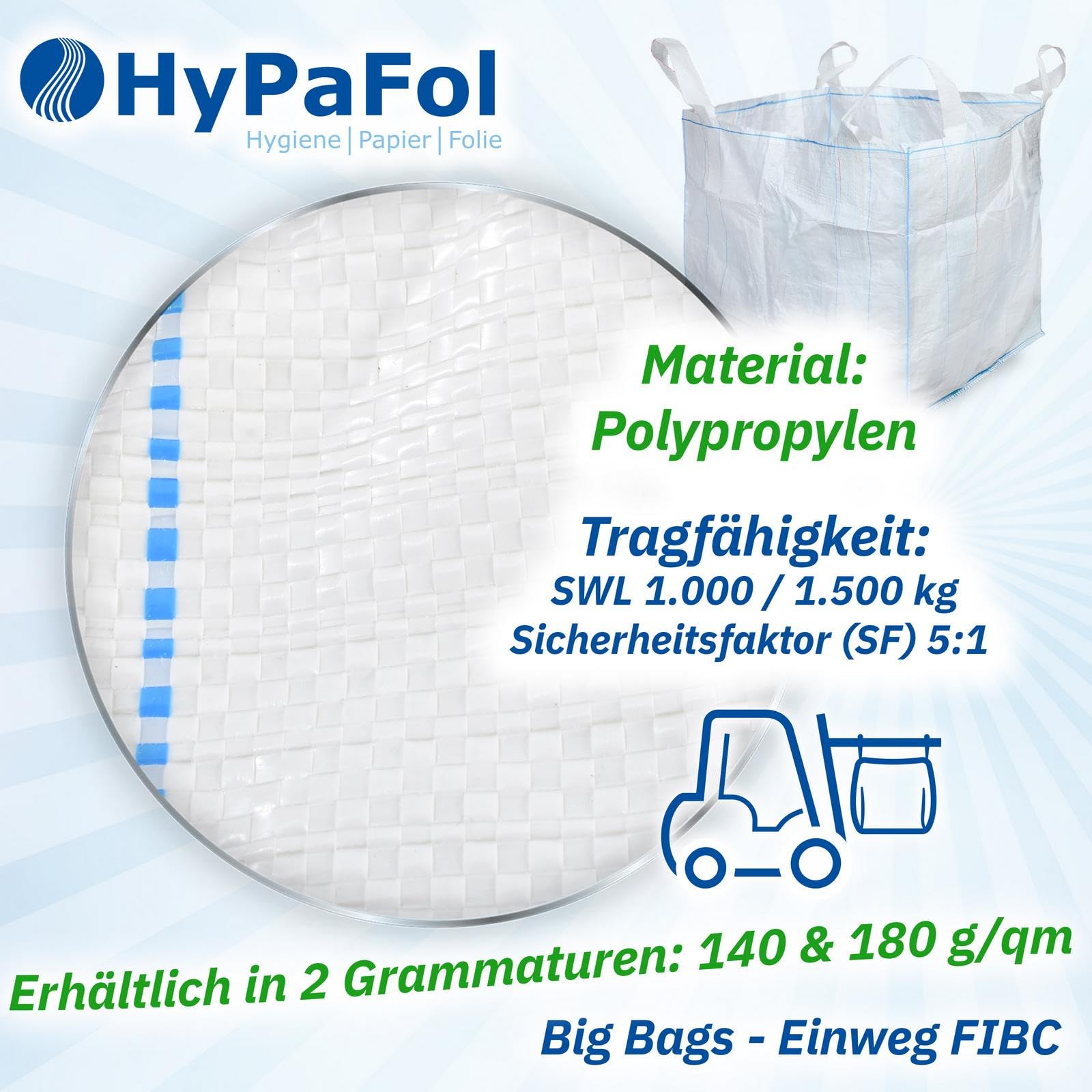 HypafolPP Big Bag 5er Pack I 90x90x90 cm Schwerlastsäcke mit 1000 kg Traglast I Big Pack Gartenabfallsack stabil mit 4 Schlaufen für sichere Transporte I Holz, Bauschutt, Gartenabfall
