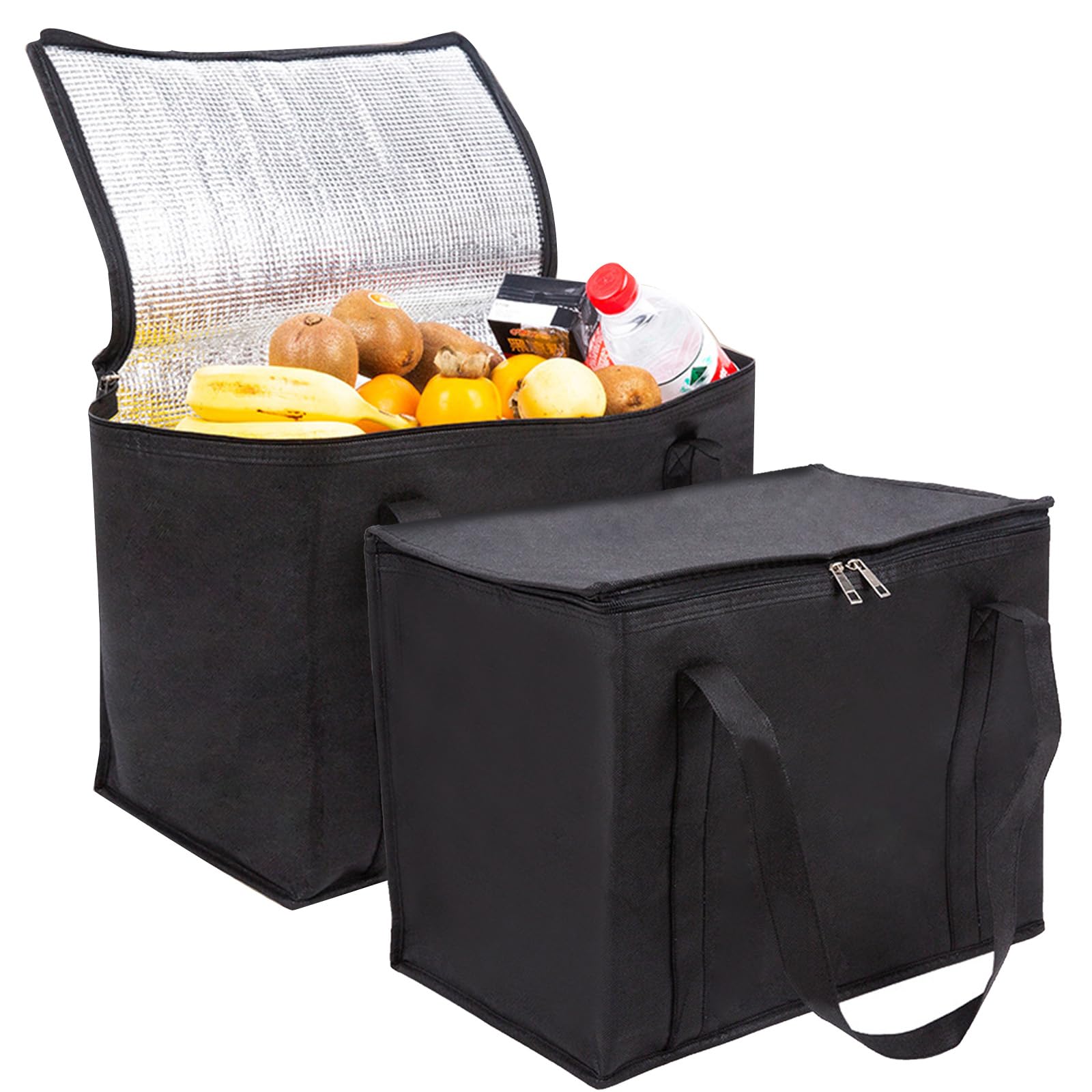 2Pcs Cooler Box, 35L Insulated Cooler Box, Thermal Food Delivery Bag Cool Bags with Zip Big Cold Bag Picnic Reusable Insulation Shopping Bags Foldable for Beach Camping Work Trip (Black)