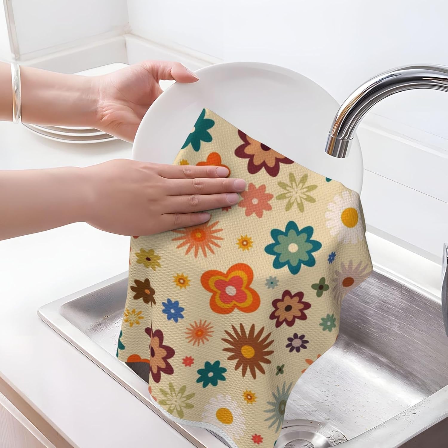 70s Retro Groovy Daisy Floral Waffle Kitchen Towels Set of 2