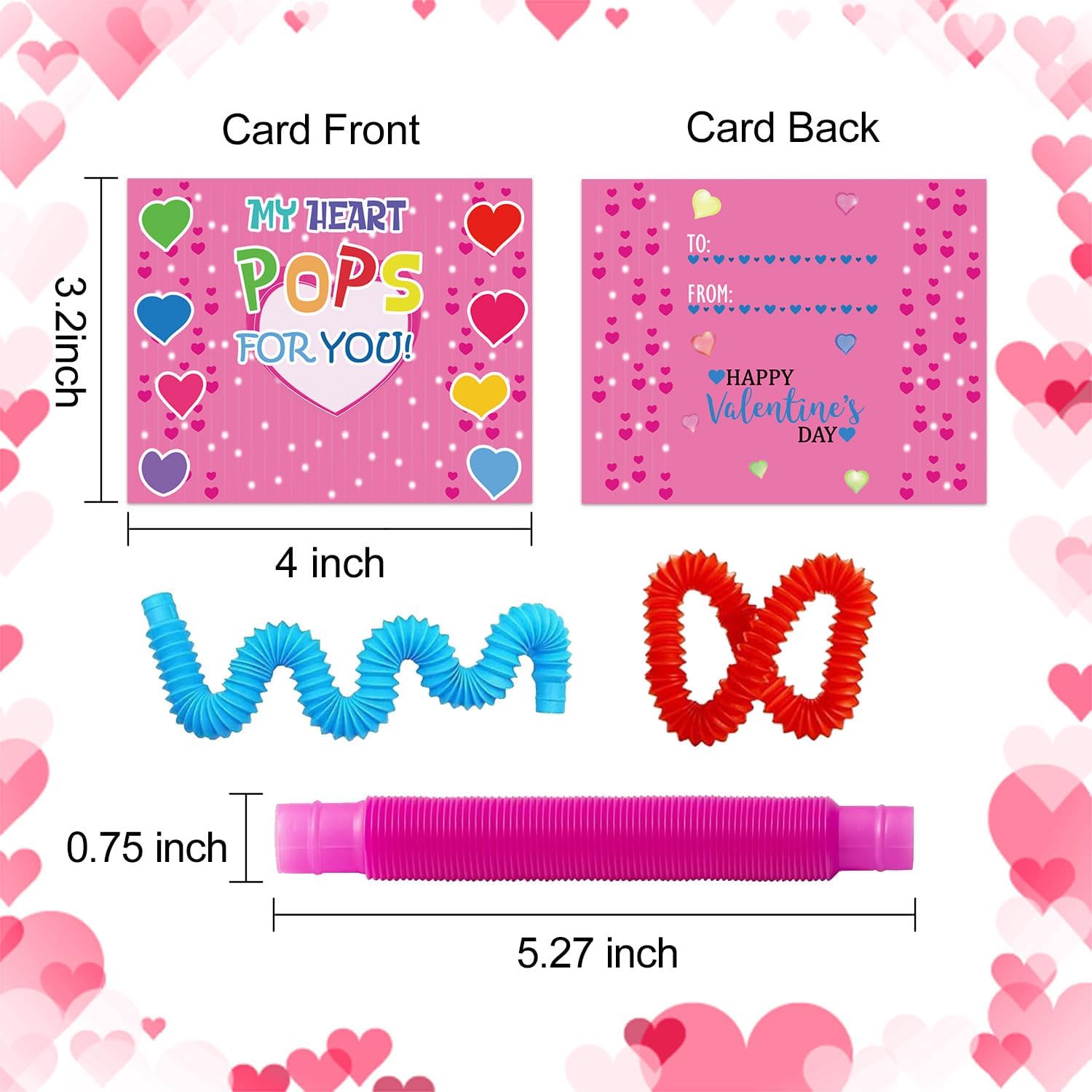 32 Pack Valentines Gifts for Kids, Valentines Cards for Kids with Pop Tubes, Stress Relief Fidget Toys for Valentine Classroom School Exchange Prizes Party Favors Supplies