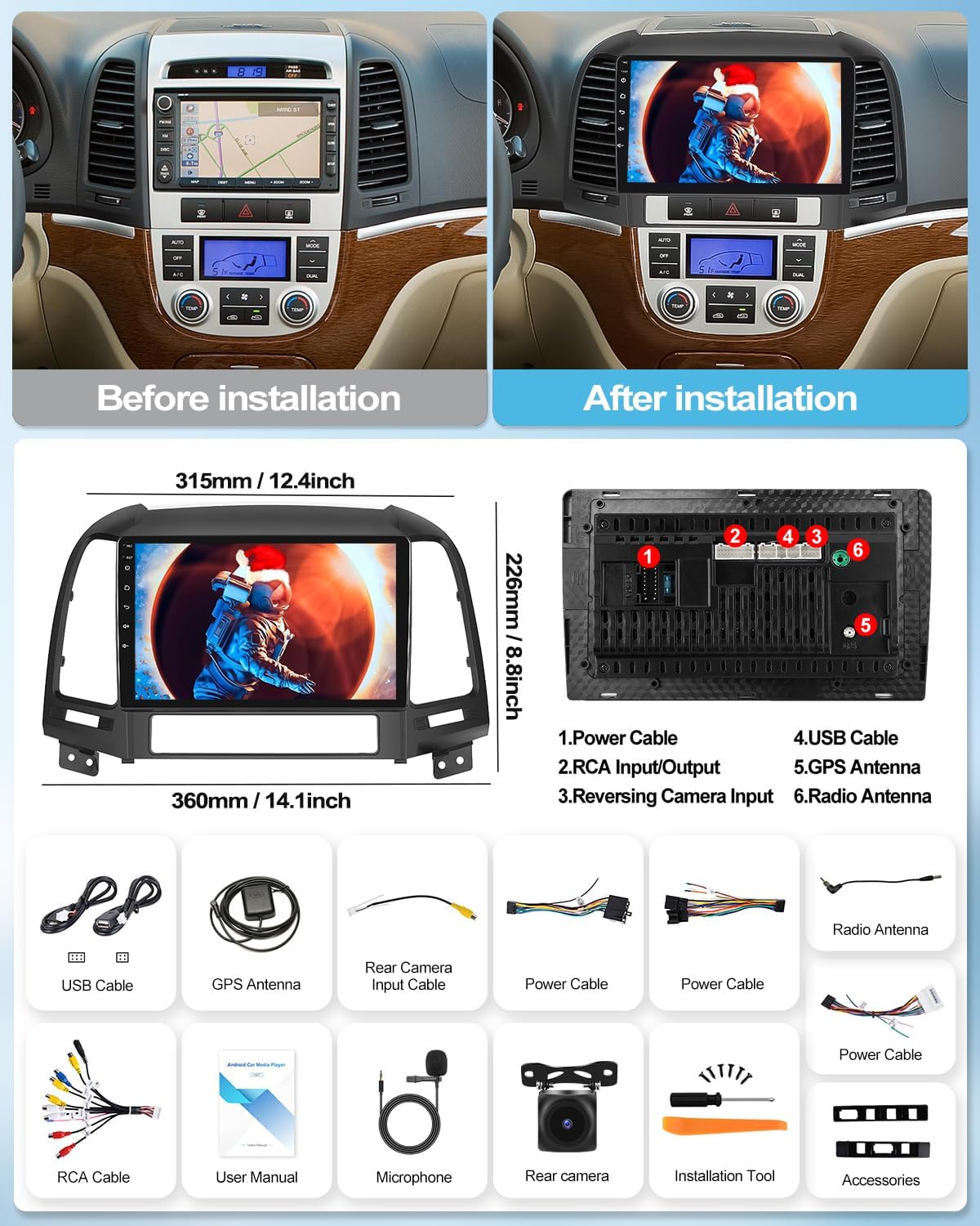 Package contents including head unit, cables, and accessories