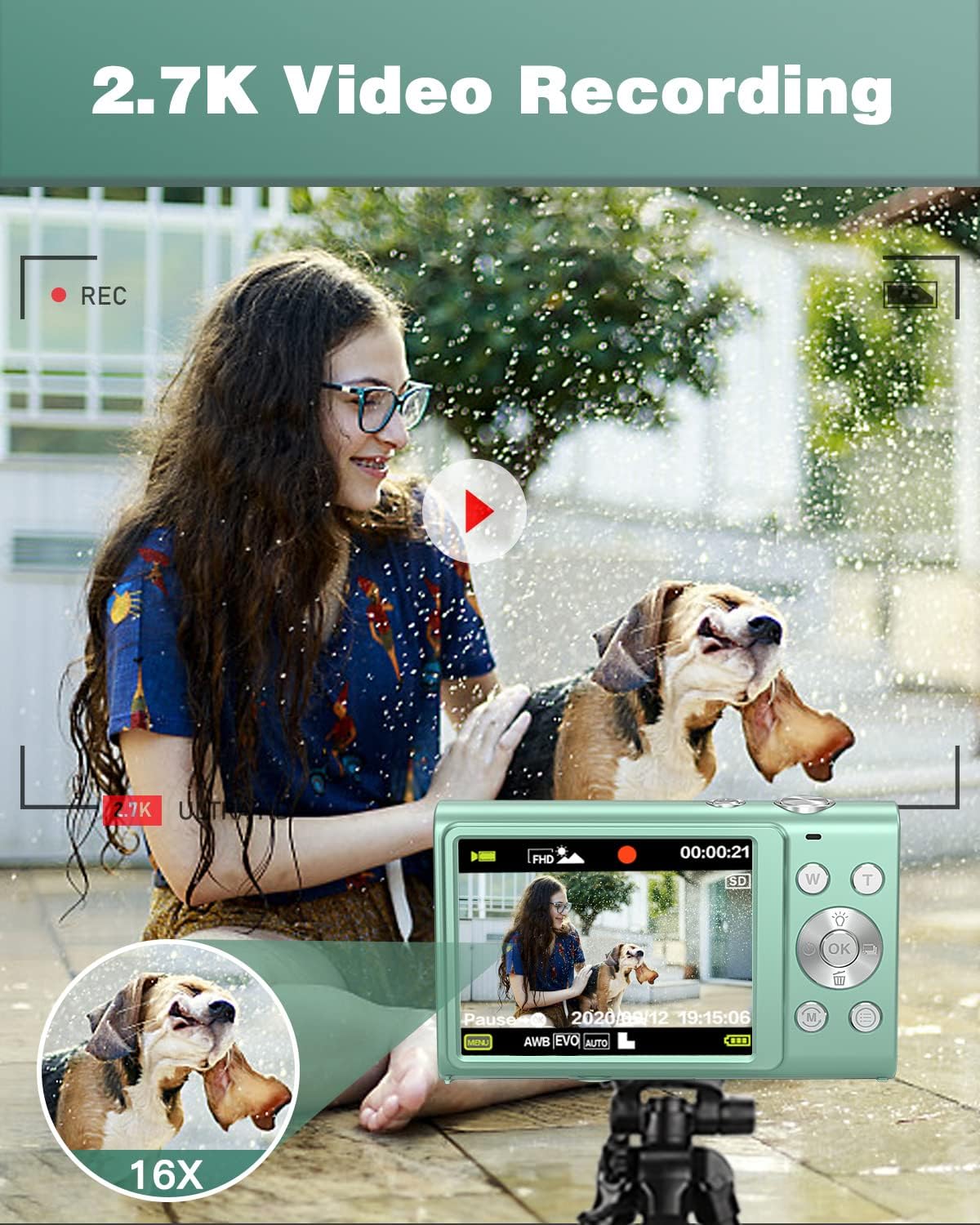 digital camera 2 7k 48mp vlogging camera auto focus digital point and shoot camera with 32gb memory card16x zoom pink