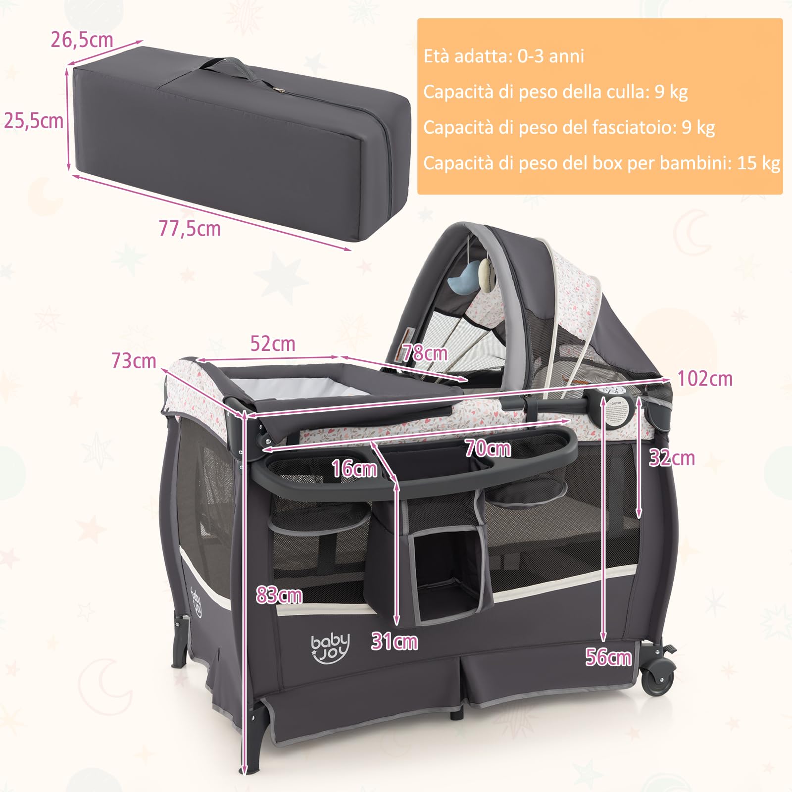 GYMAX Lettino Pieghevole con Baldacchino Regolabile, Box per Bambini 0-3 Anni, Carillon Musicale, Ruote Bloccabili, Lettino da Viaggio con Culla, Fasciatoio, Materasso e Borsa da Trasporto (Marrone)