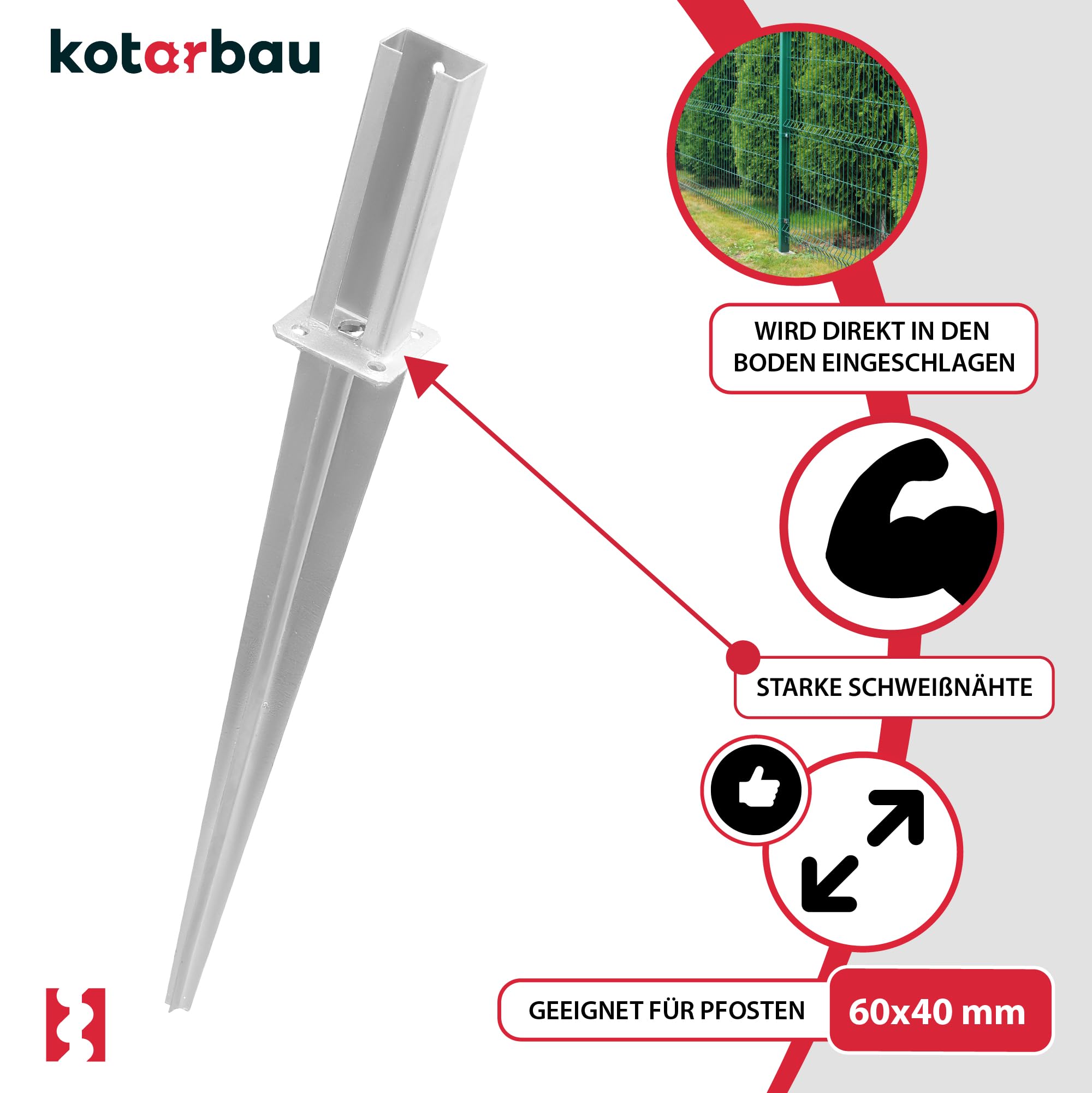 KOTARBAU® 4 Piezas Soporte para Clavar en Tierra - Acero Galvanizado - 60x40 cm - Plata - Piqueta para Poste - para Valla Metálica - Soporte Poste con Punta - Resistente A La Corrosión