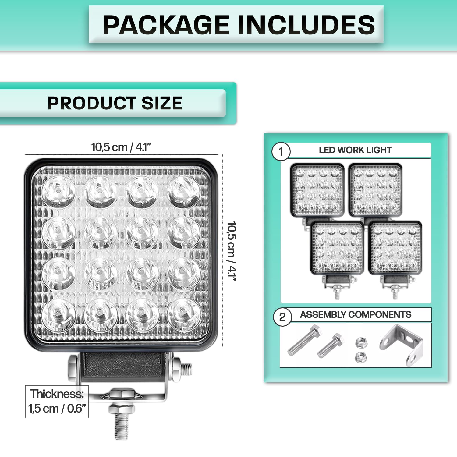 Fari Trattore 12V 4.21" 10.5 cm IP67 48W 16 LED 6500K 4 Pezzi Alluminio ABS - Faro Auto 12V Faretti Da Lavoro