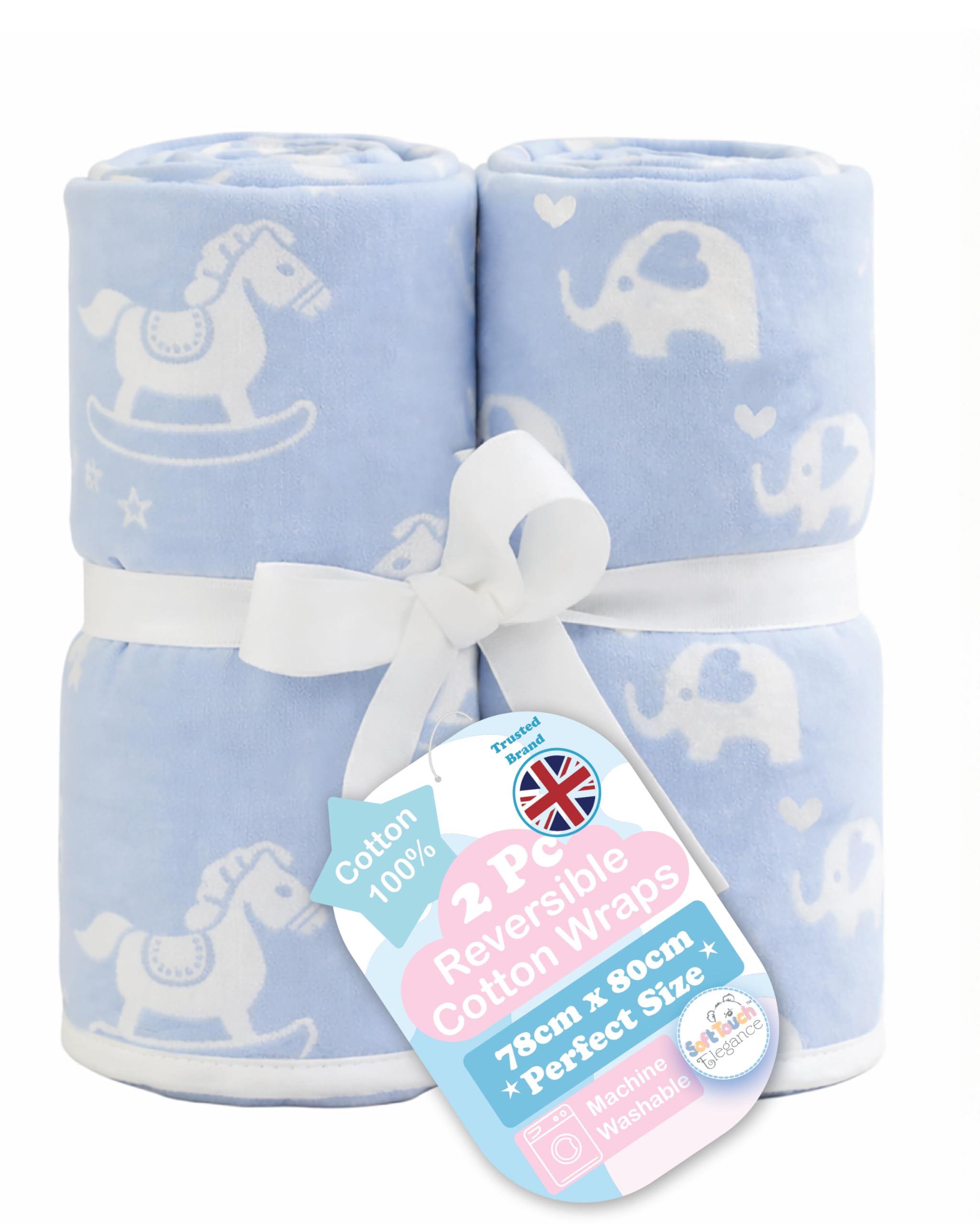 Soft Touch Baby Blanket 2 Pack Reversible 100% Cotton Wrap, 80 x 78cm Soft Baby Blanket, Swaddle Wrap for 0-24 Months, Rocking Horse, Elephant or Panda