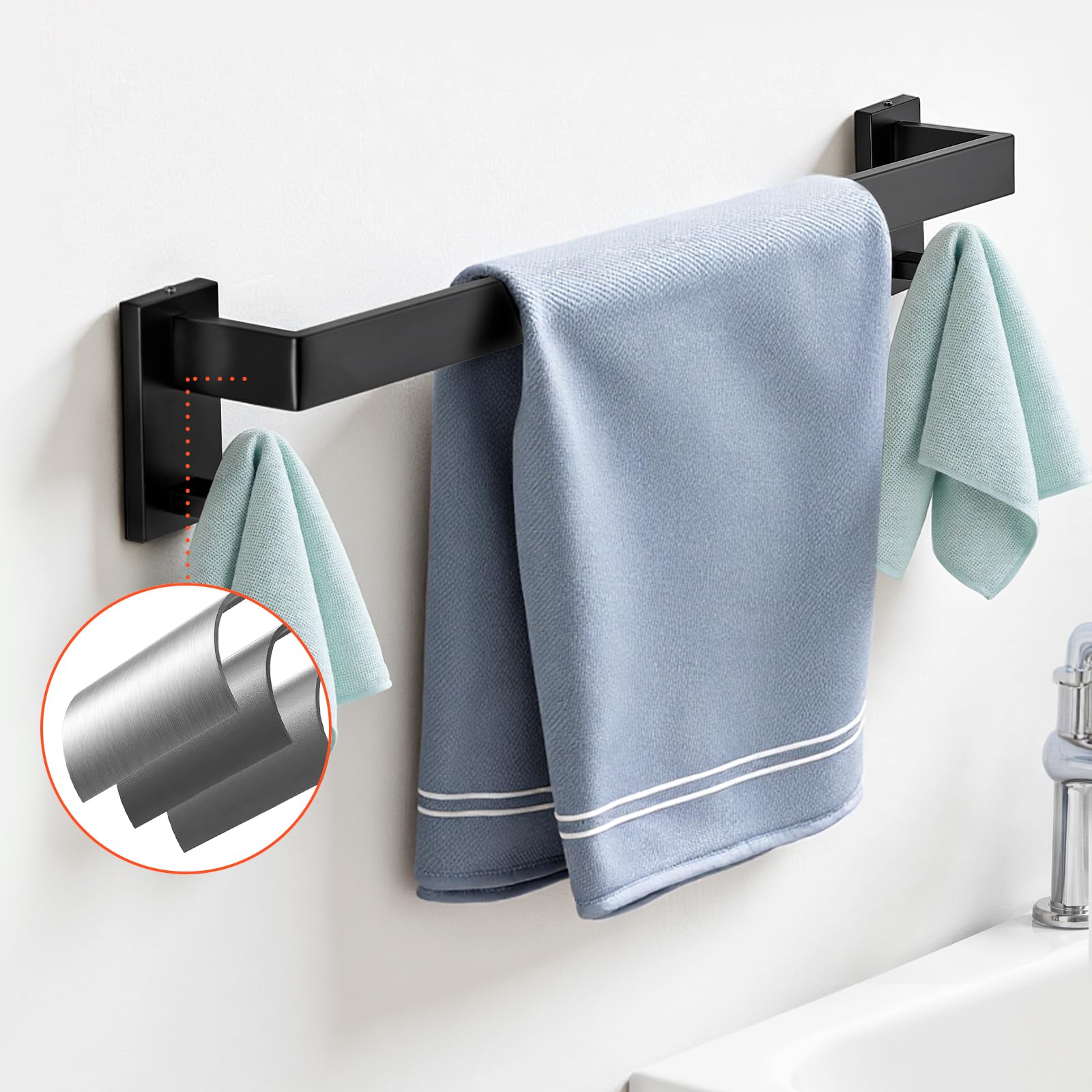 VEVOR Juego de Accesorios de Baño, con 2 Toalleros, 2 Porta Toallas Anillo Cuadrado, 2 Ganchos de 4 Piezas y 2 Portarrollos de Papel Higiénico, en Pared, Negro Mate, 10 uds, 595 x 100 x 80 mm