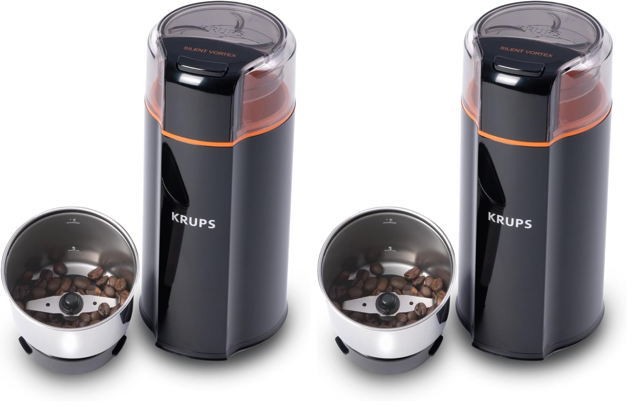 KRUPS Silent Vortex Electric Coffee Grinder: 3 oz Capacity, 5x Quieter, 175W Motor for Coffee Beans, Spices &amp; Herbs - Removable Dishwasher-Safe Bowl, 12-Cup Yield, Black (Pack of 2)