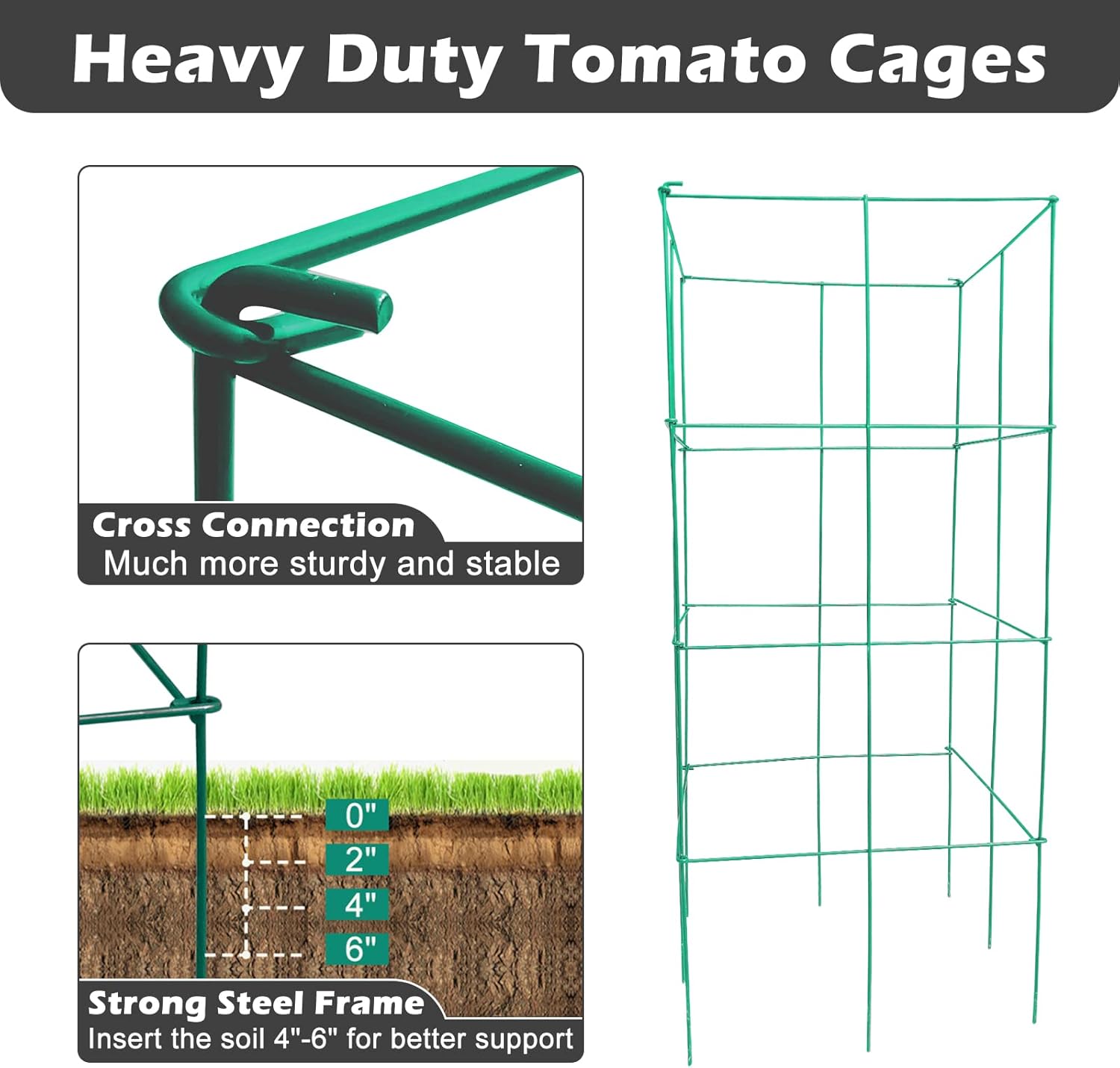 Barbella Tomato Cage, 4 Pack Plant Support Cage Square Folding Tomato Cages Garden Plant Support Stake Tower with Clips and Ties, Garden Trellis Plant Cage for Vertical Climbing Plants (Green)