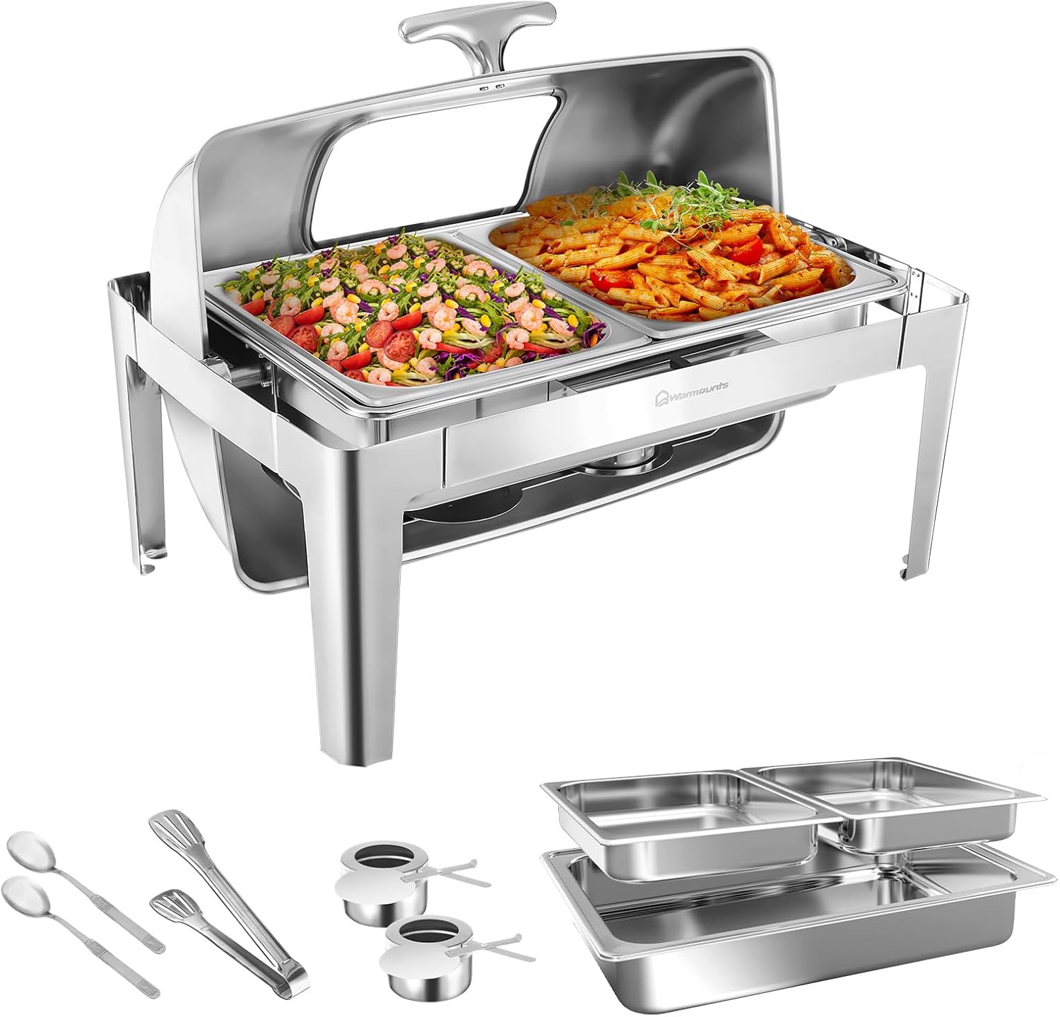 Roll Top Chafing Dishes for Buffet w/Visible Lid, 9QT Rectangular Chafing Dish Buffet Set w/Serving Utensils, Stainless Steel Chafers for Catering for Weddings, Parties (2 Half-Size Pan)