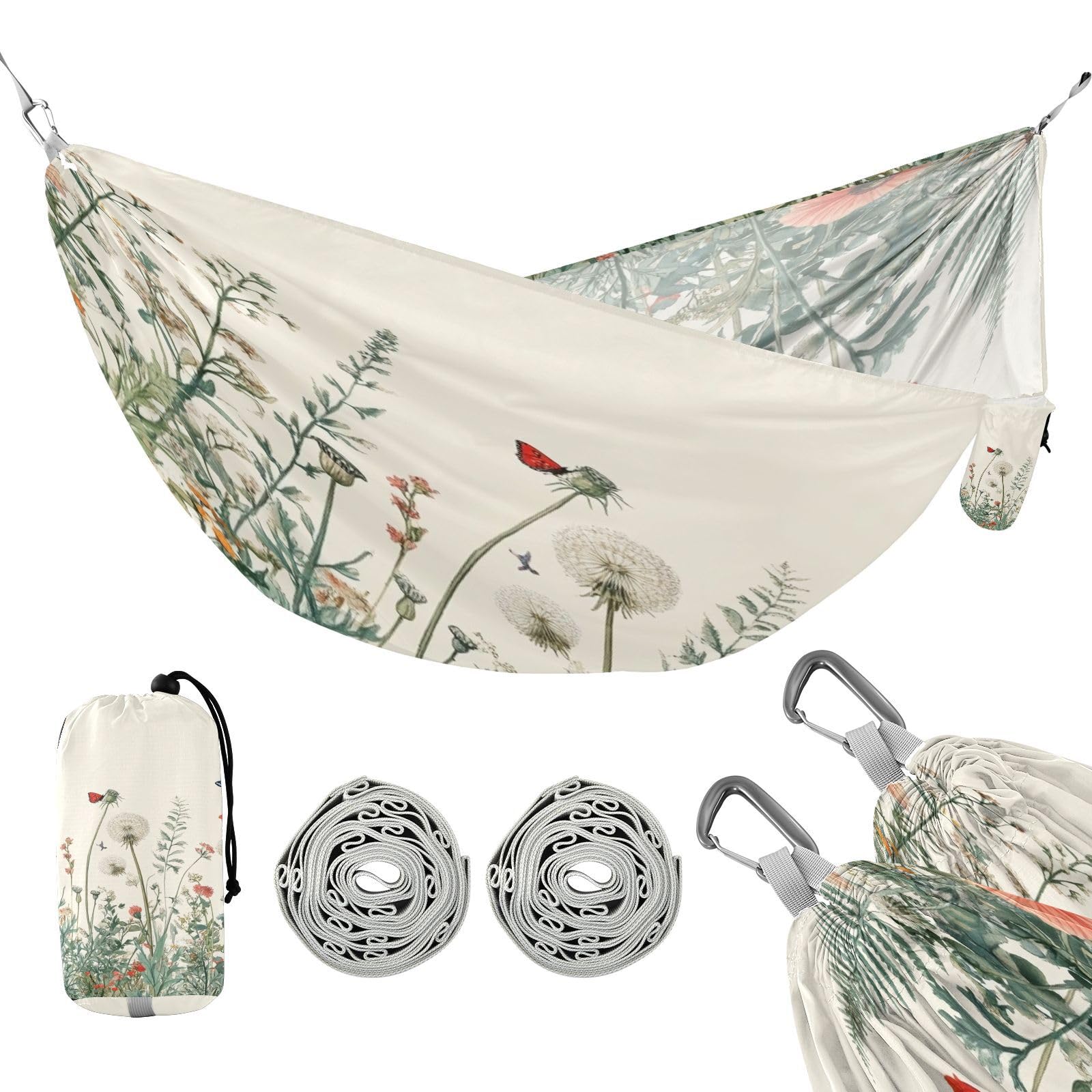 Haskirky Bracken Flower Butterfly Camping Hammock, Single Portable Hammocks with Tree Straps & Attached Carry Bag, 330Lbs Capacity Perfect for Outside Indoor Hiking Beach Backpack Travel