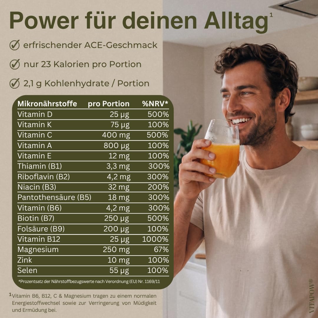 Multivitamin Pulver - Vitamine & Mineralstoffe - Immunsystem - Vitamine A-Z hochdosiert - Mikronährstoffe - vegan, ohne Zuckerzusatz, in Deutschland hergestellt - ACE-Geschmack - 30 Portionen