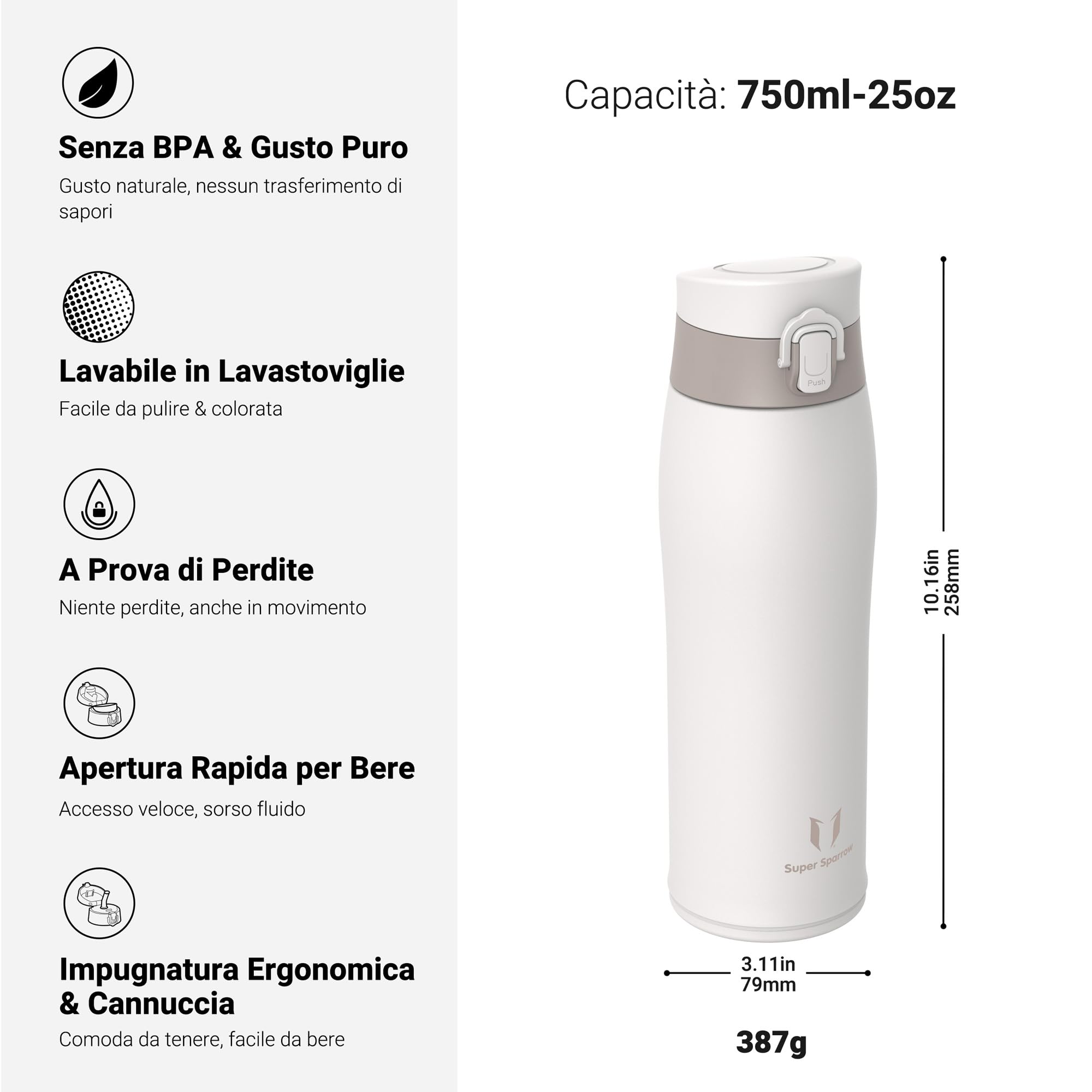 Super Sparrow Borraccia Termica, Acciaio Inox Bottiglia Termica - 350ml, 500ml, 750ml, 950ml - Senza BPA Termos, Borracce Termiche Bambini - Include 2 Coperchi con Cannuccia e Coperchio Sportivo