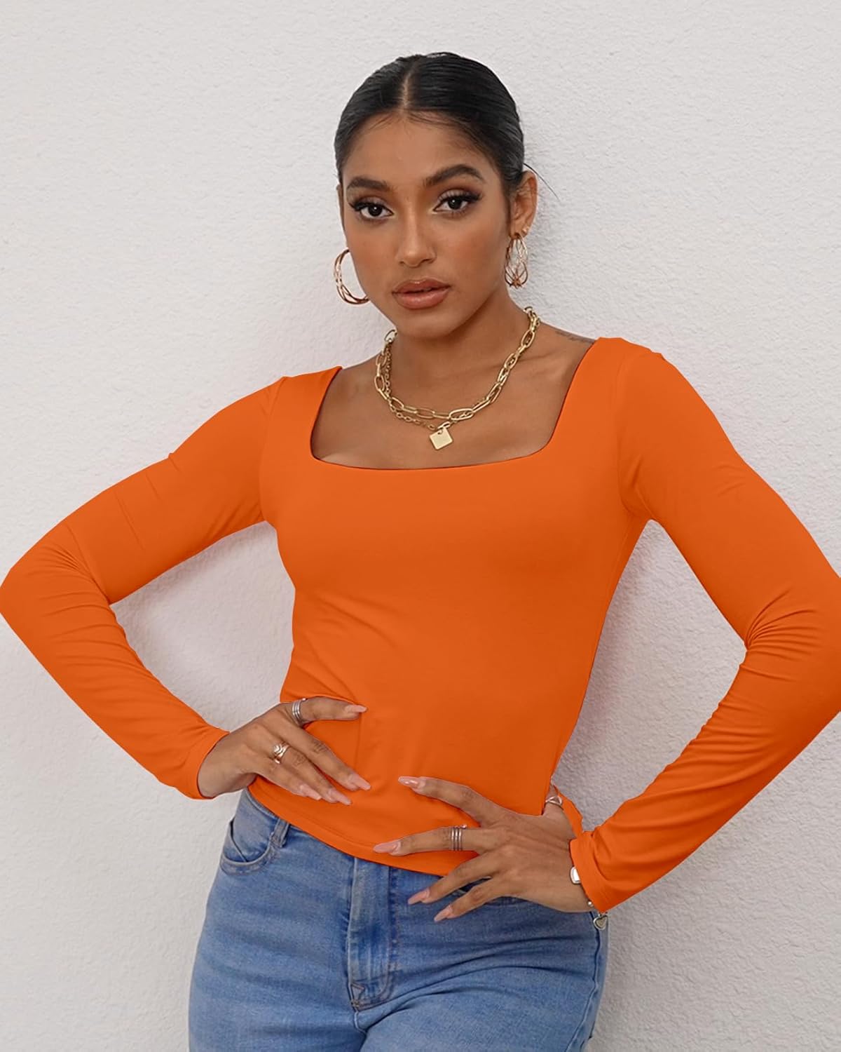 Dwnval Long Sleeve Shirts for Women - Basic Slim Fit Double Lined Square Neck Crop T Shirt - Image 3