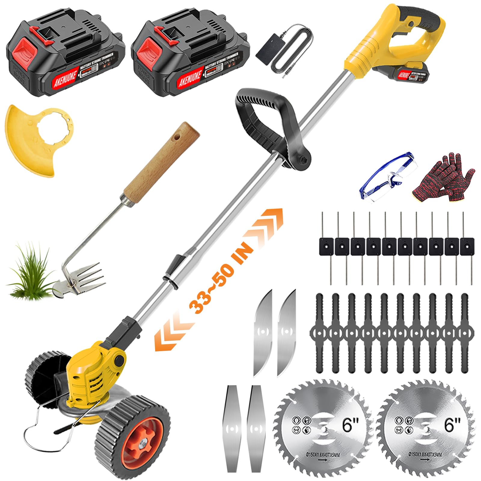 Electric Weed Wacker, Cordless Weed Eater Battery Powered, 3-in-1 Grass Trimmer/Edger Lawn Tool/Brush Cutter with 2x2.0Ah Battery Operated Charger 5 Types Blade, No-String Weed Trimmer for Garden Yard