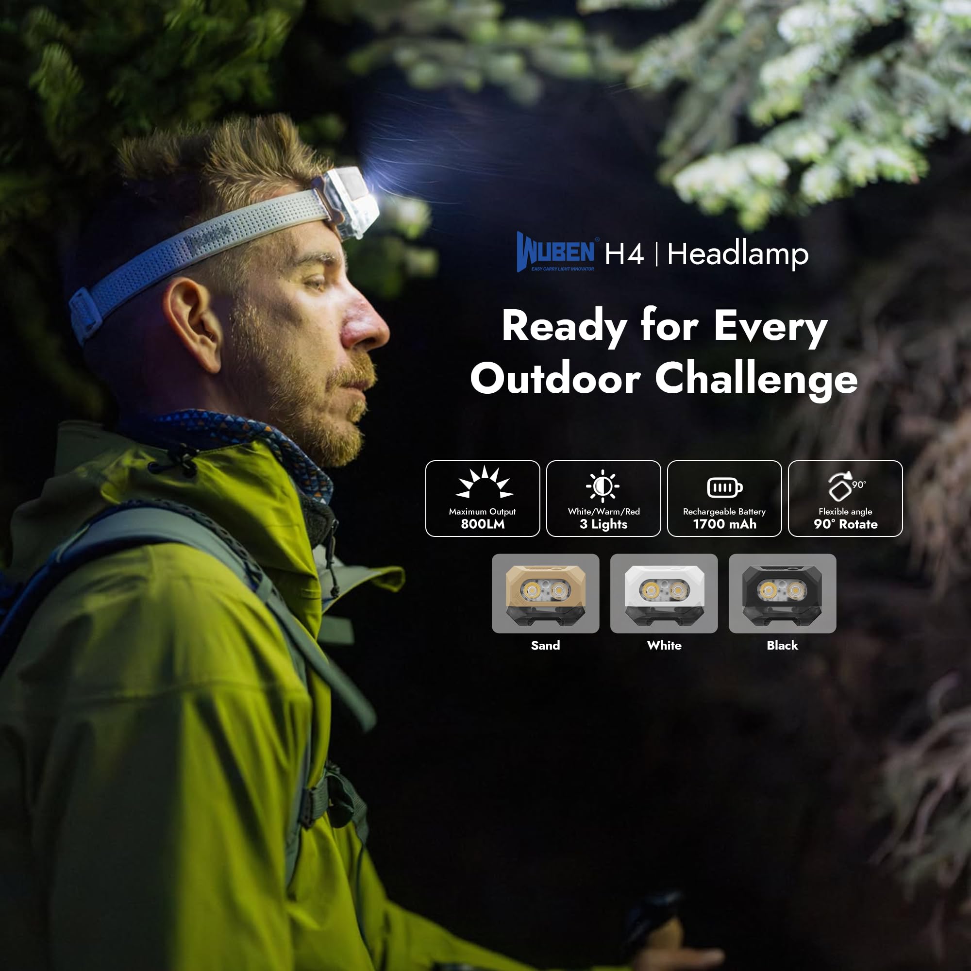 WUBEN Linterna frontal H4 recargable, 800 lúmenes, linterna frontal impermeable IP68 con sensor de movimiento, linterna frontal con 10 modos con luz roja, para camping, correr, pesca y senderismo