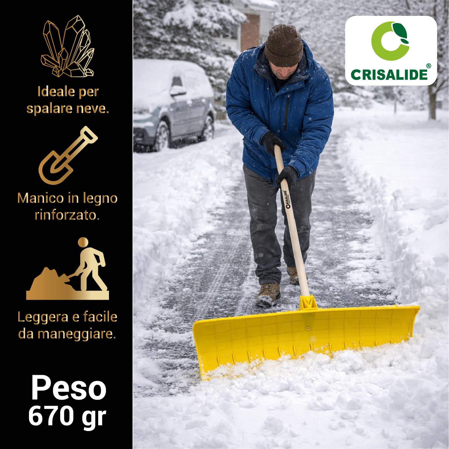 Crisalide® - Pala da Neve con Manico 130 cm in Legno di Faggio – Spingi Neve Multiuso 61 cm in Polipropilene PP, Peso 670 g – Pala Spingineve per Neve, Cereali, Ghiaia e Fango per Vialetti Cortili