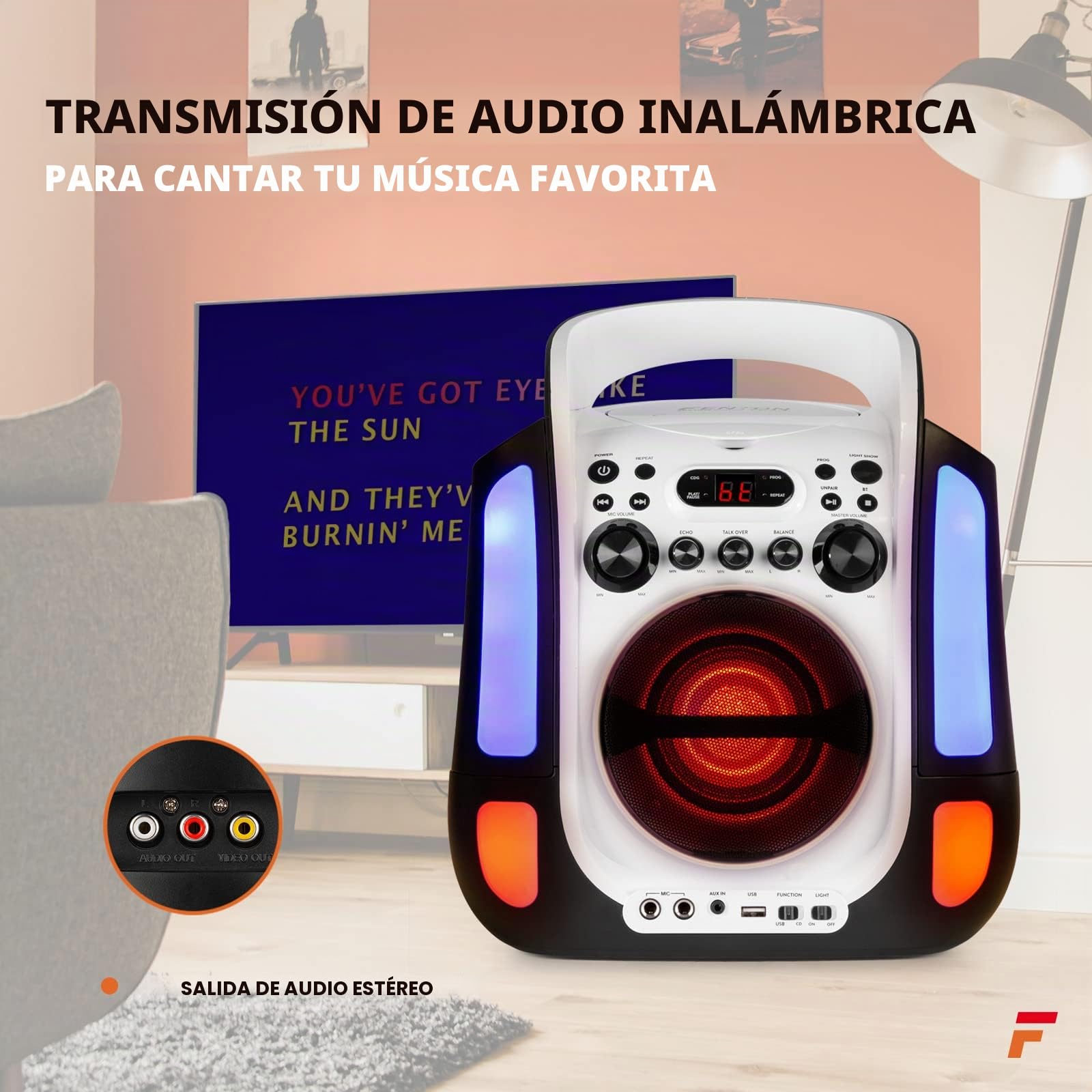 Fenton SBS30W – Altavoz karaoke bluetooth con lector CD+G, USB, 2 micrófonos con cable, salida video RCA, altavoz portátil con luces LED, karaoke machine con AUX y reproducción MP3, color blanco