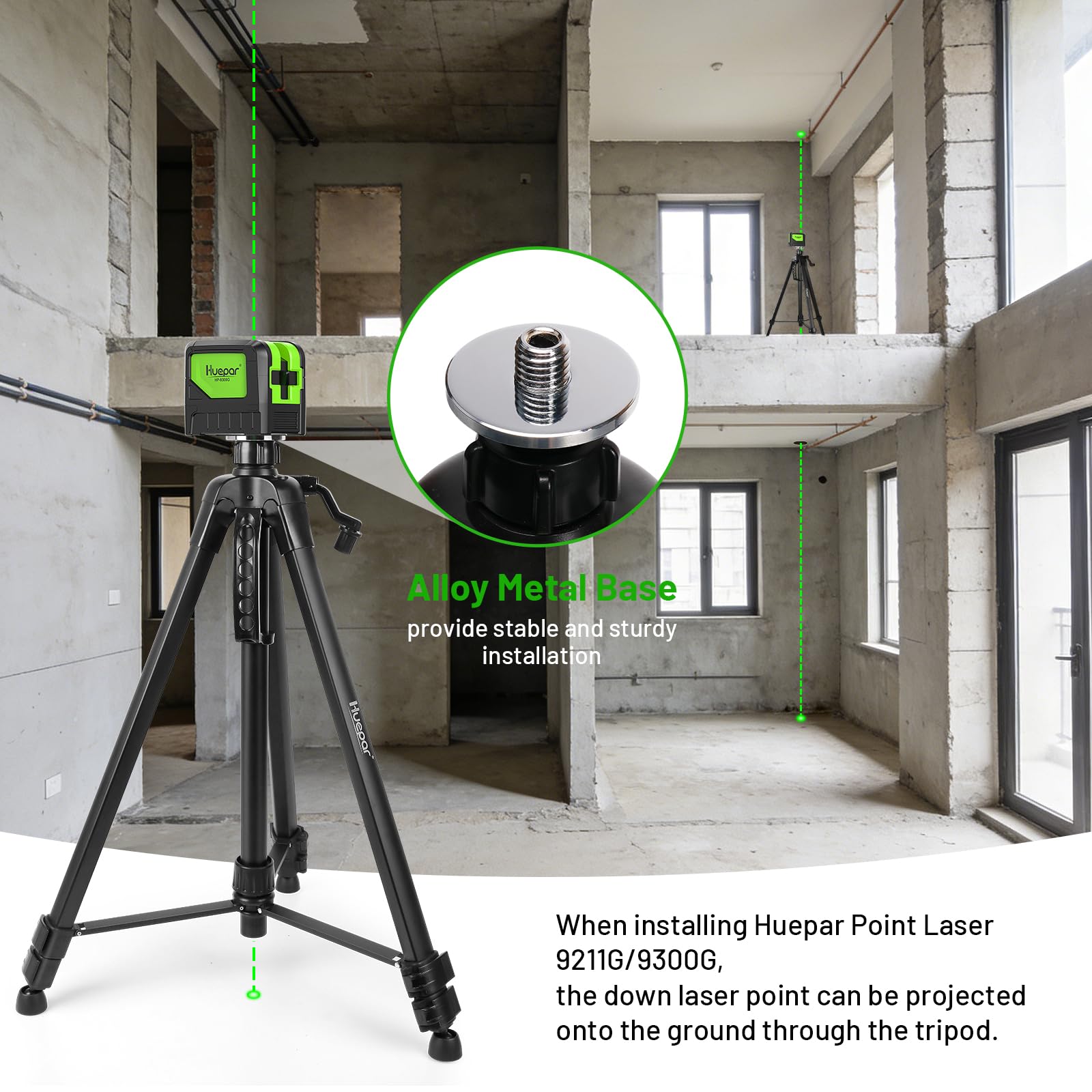 Huepar Treppiede in Alluminio per Livelli Laser a Punto–Testa Piatta, Impugnatura con Livella a Bolla, Filetto 5/8"-11 + Adattatore 1/4"-20, Supporto per phone Incluso, Borsa da Trasporto – TPD16A1