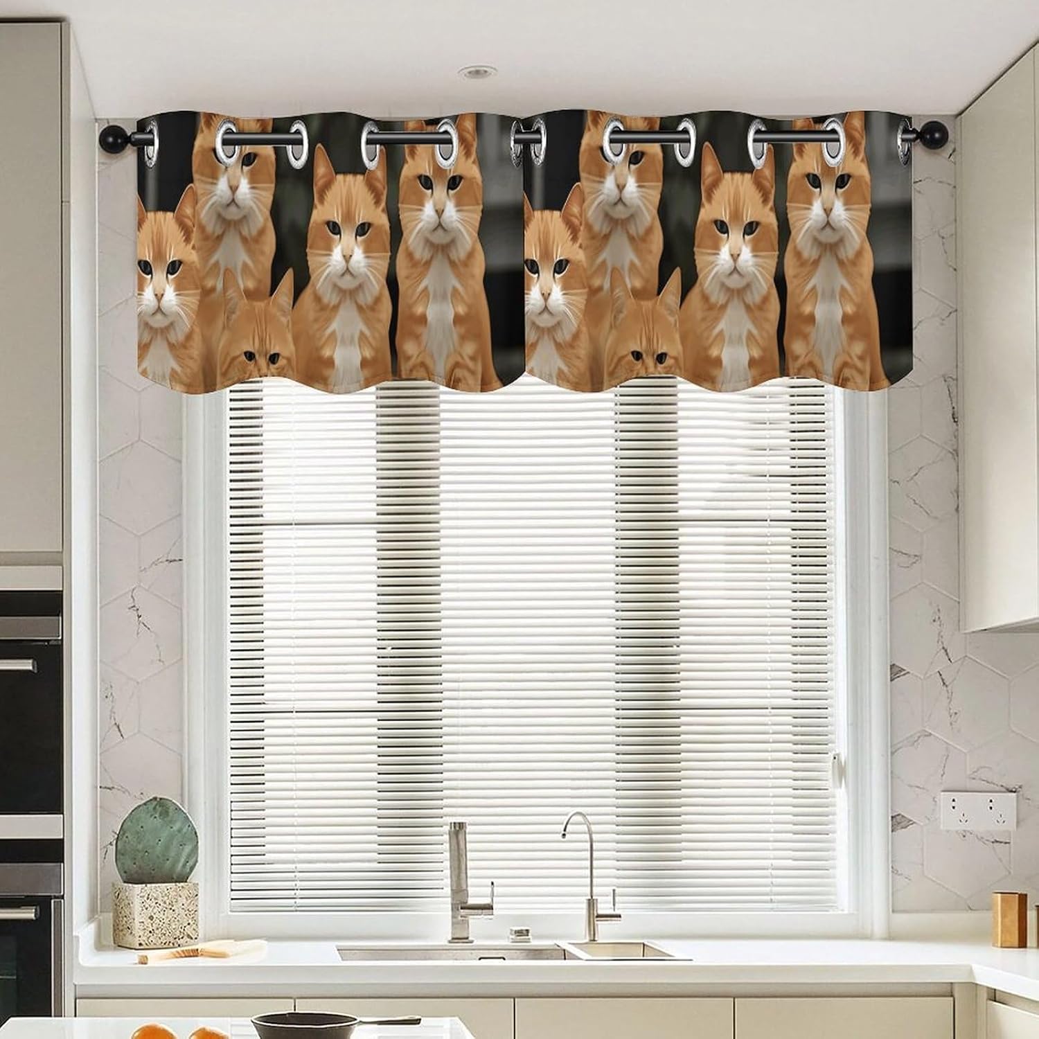 Orange Cats Valance for Windows, 2 Pack Kitchen Curtains Modern Home Decor, Soft Blackout Window Curtains for Living Room & Bedroom, 18 X 52 Inch
